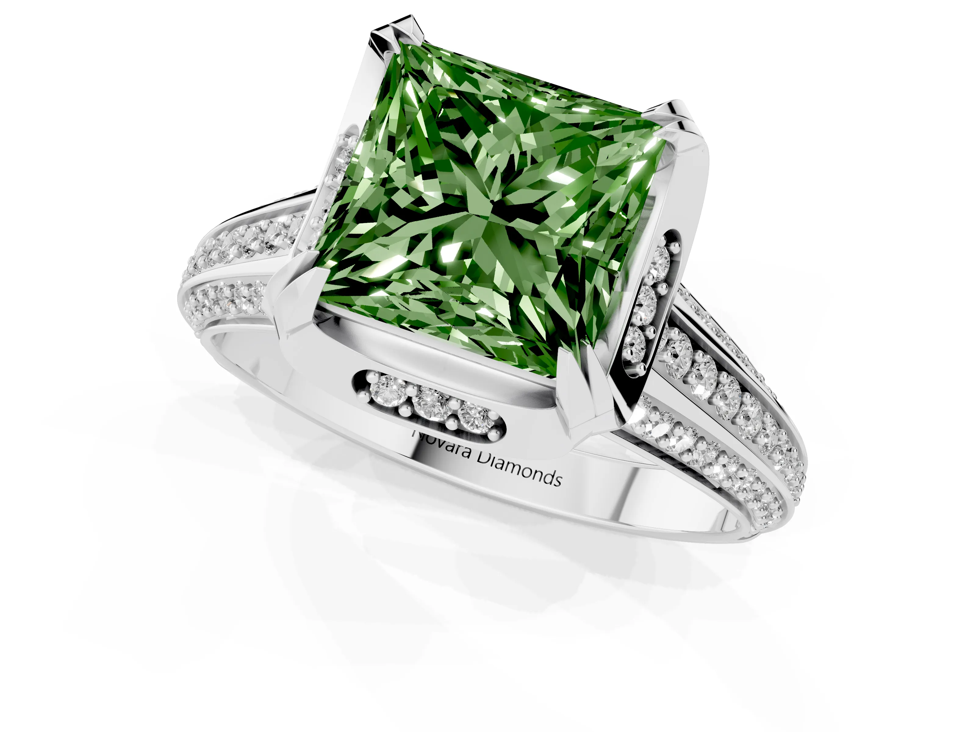 Fancy Green Princess Cut Diamond Pavé Split Shank Solitaire Ring Set in Platinum with Prong Setting