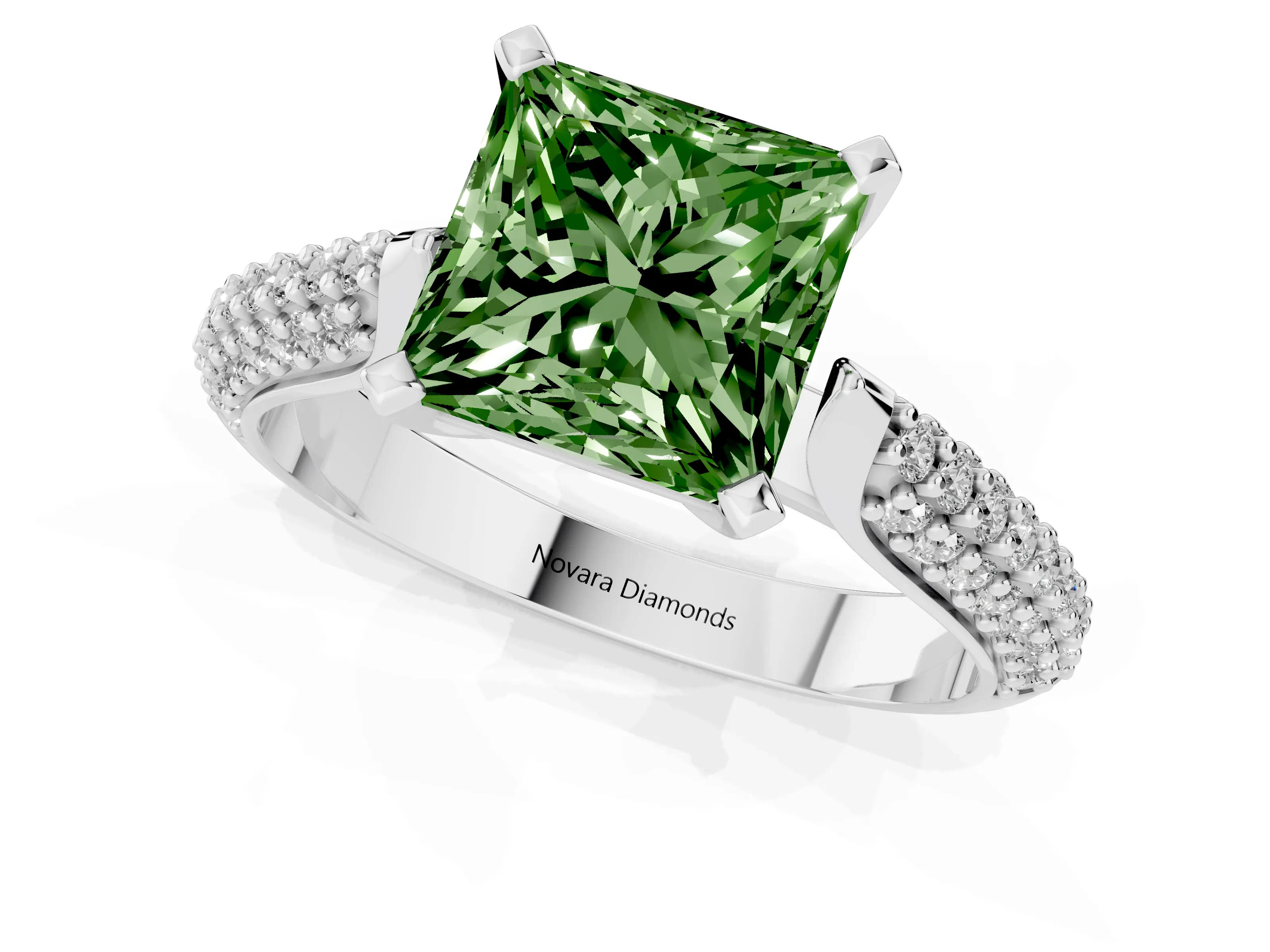 Fancy Green Princess Cut Diamond Solitaire Engagement Ring Set in Platinum with Multi-Row Round Pavé Band and Prong Setting
