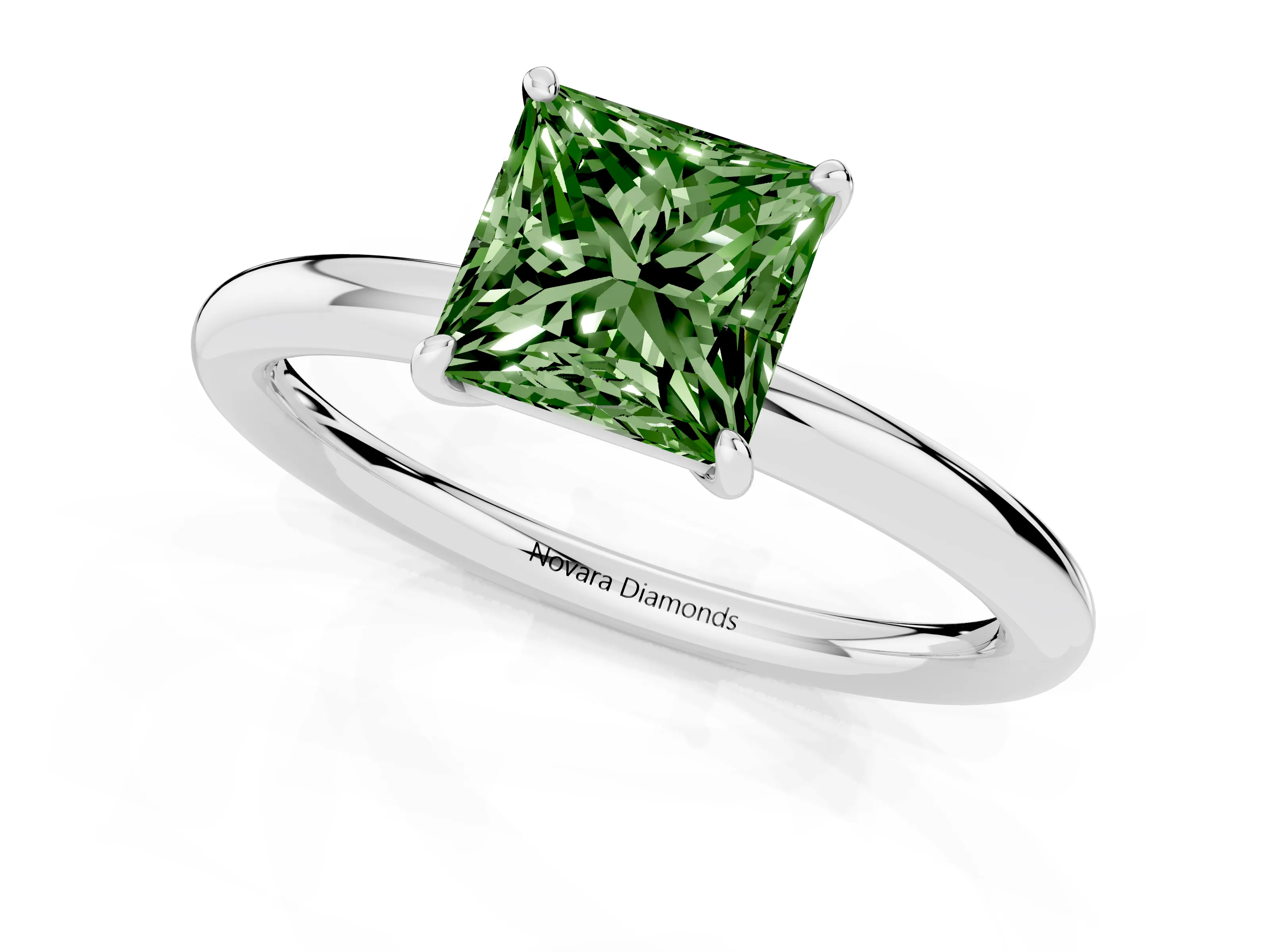 Fancy Green Princess Cut Diamond Solitaire Ring Set in Silver with Prong Setting on a Polished Plain Band