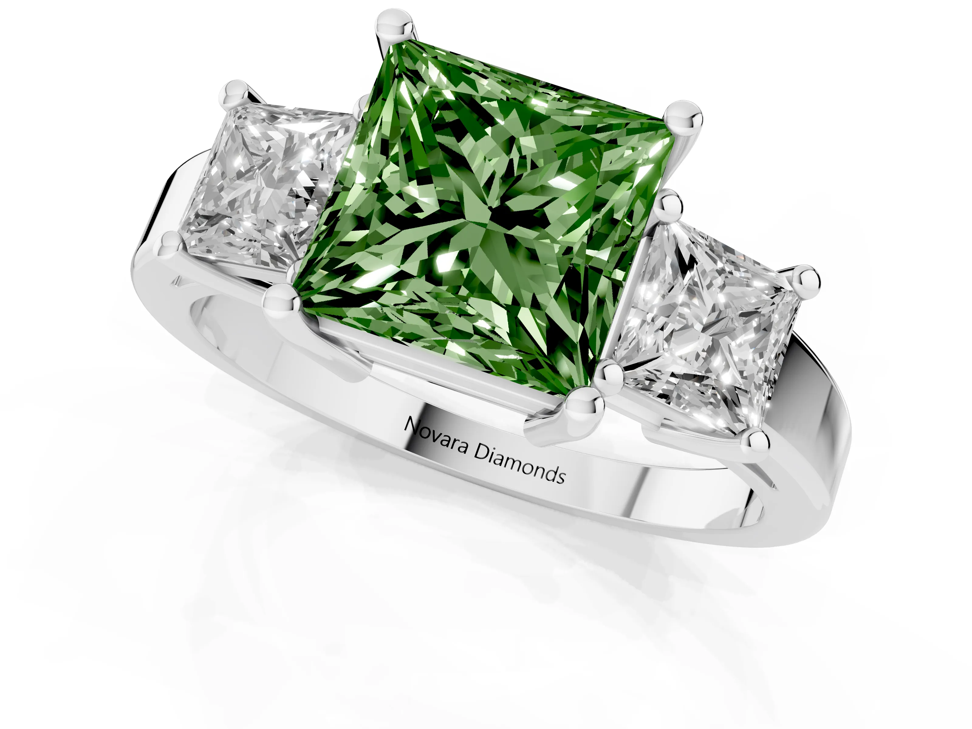 Fancy Green Three-Stone Princess Cut Diamond Solitaire Ring Set in Platinum with Prong Setting