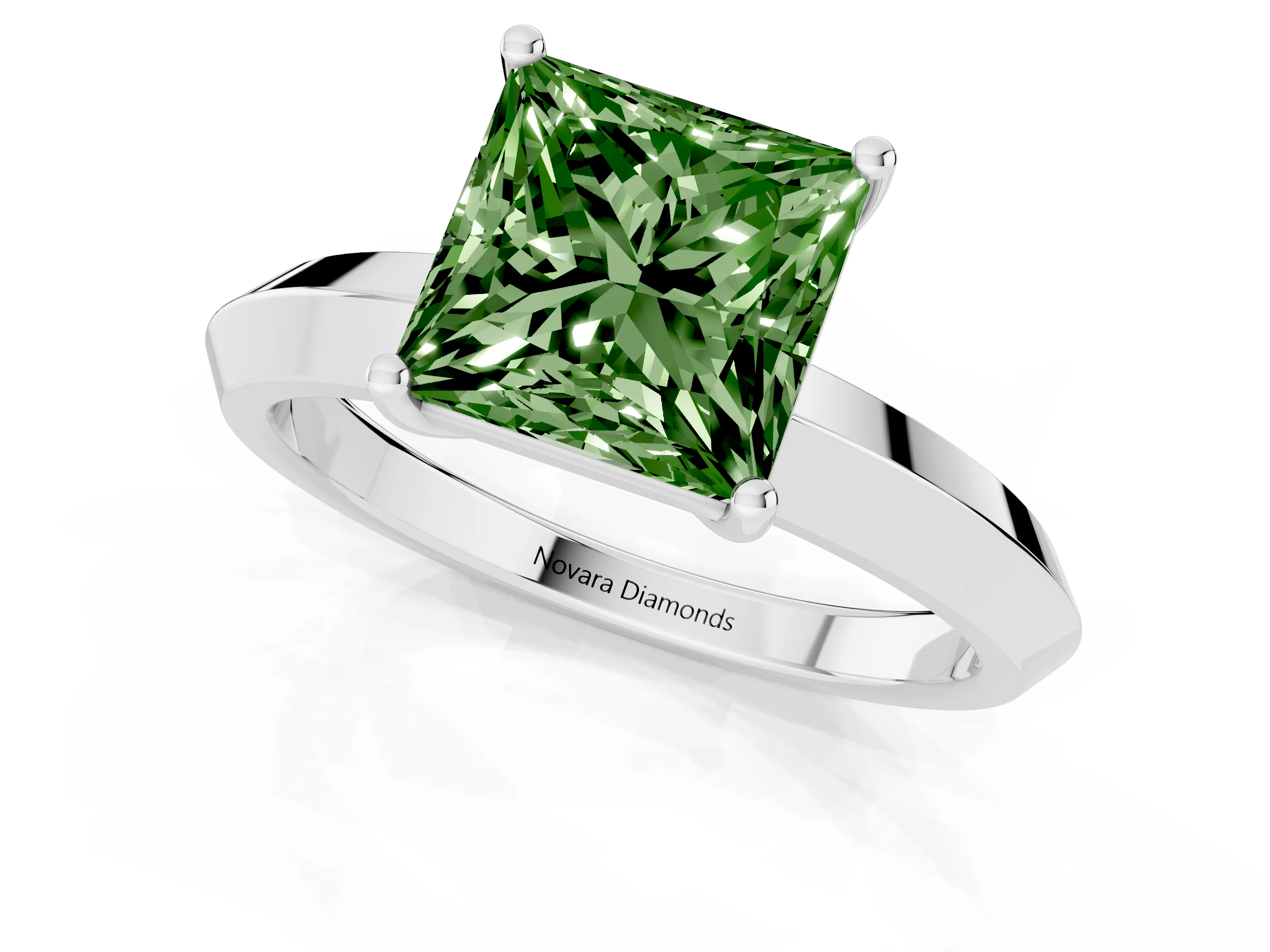 Fancy Green Princess Cut Diamond Solitaire Engagement Ring Set in Silver with Flat Band and Prong Setting
