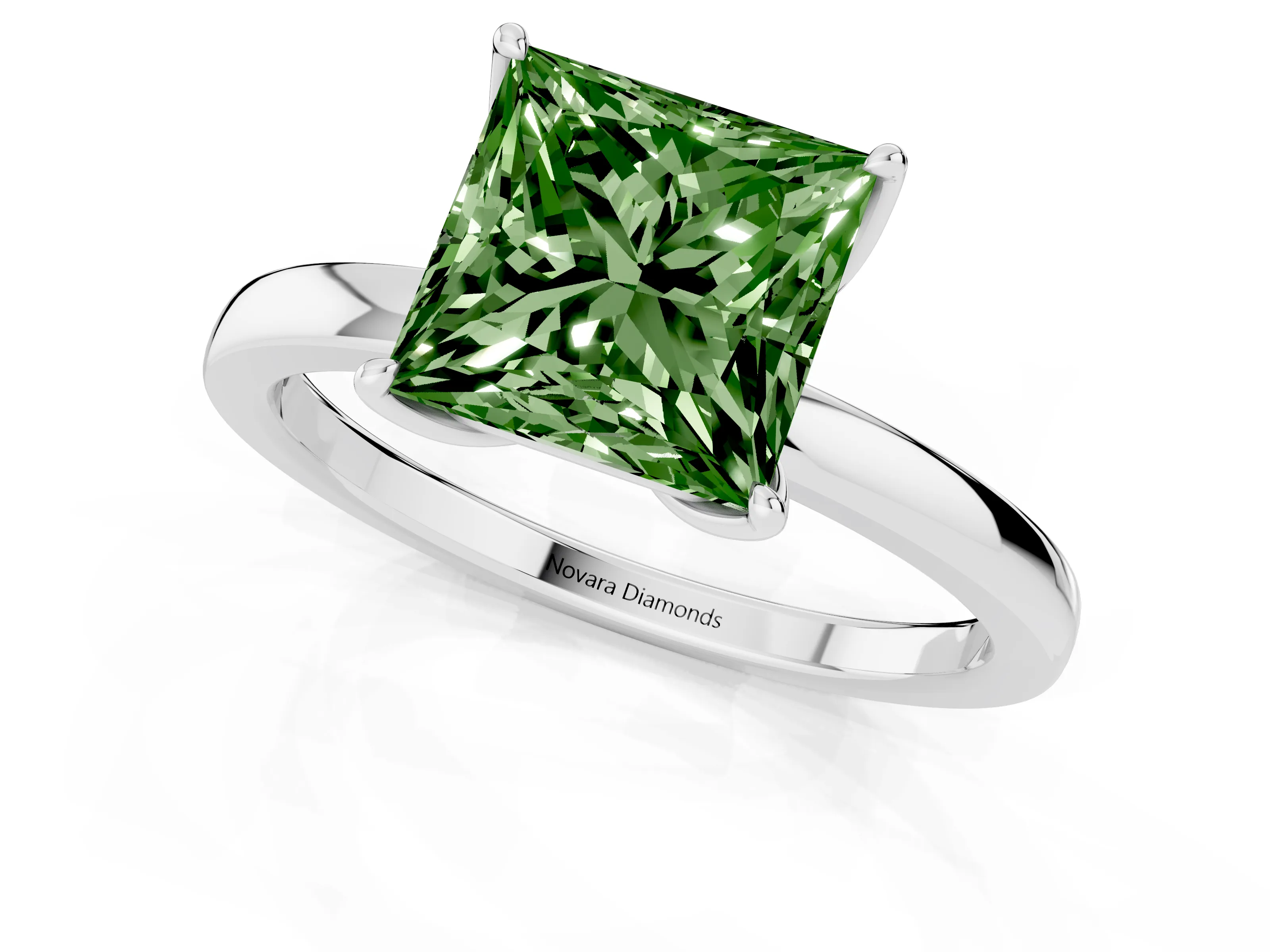 Fancy Green Princess Cut Diamond Solitaire Ring Set in White gold with Prong Setting and Thin Polished Band