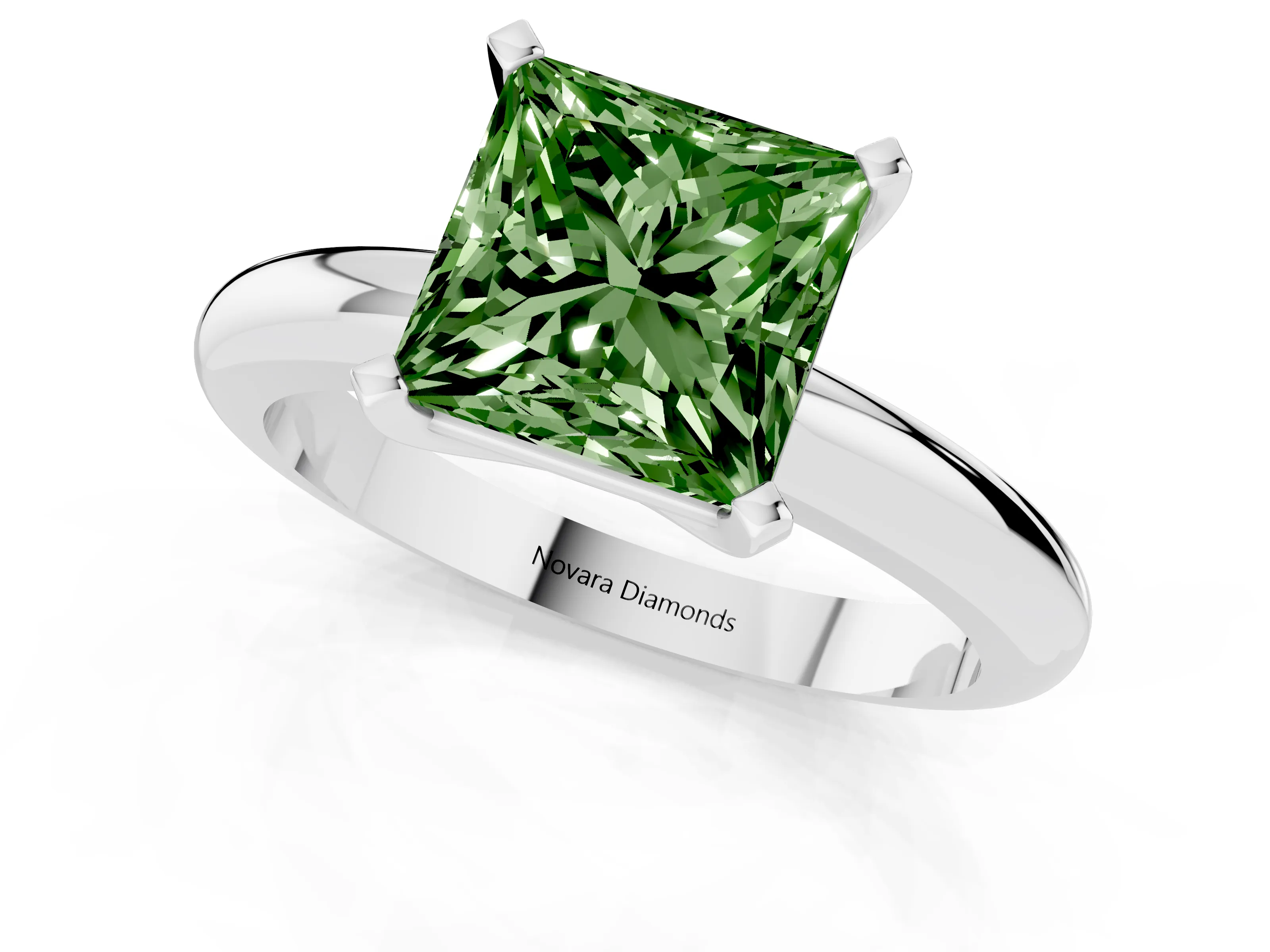 Fancy Green Princess Cut Diamond Solitaire Engagement Ring Set in Silver with Round Band and Prong Setting