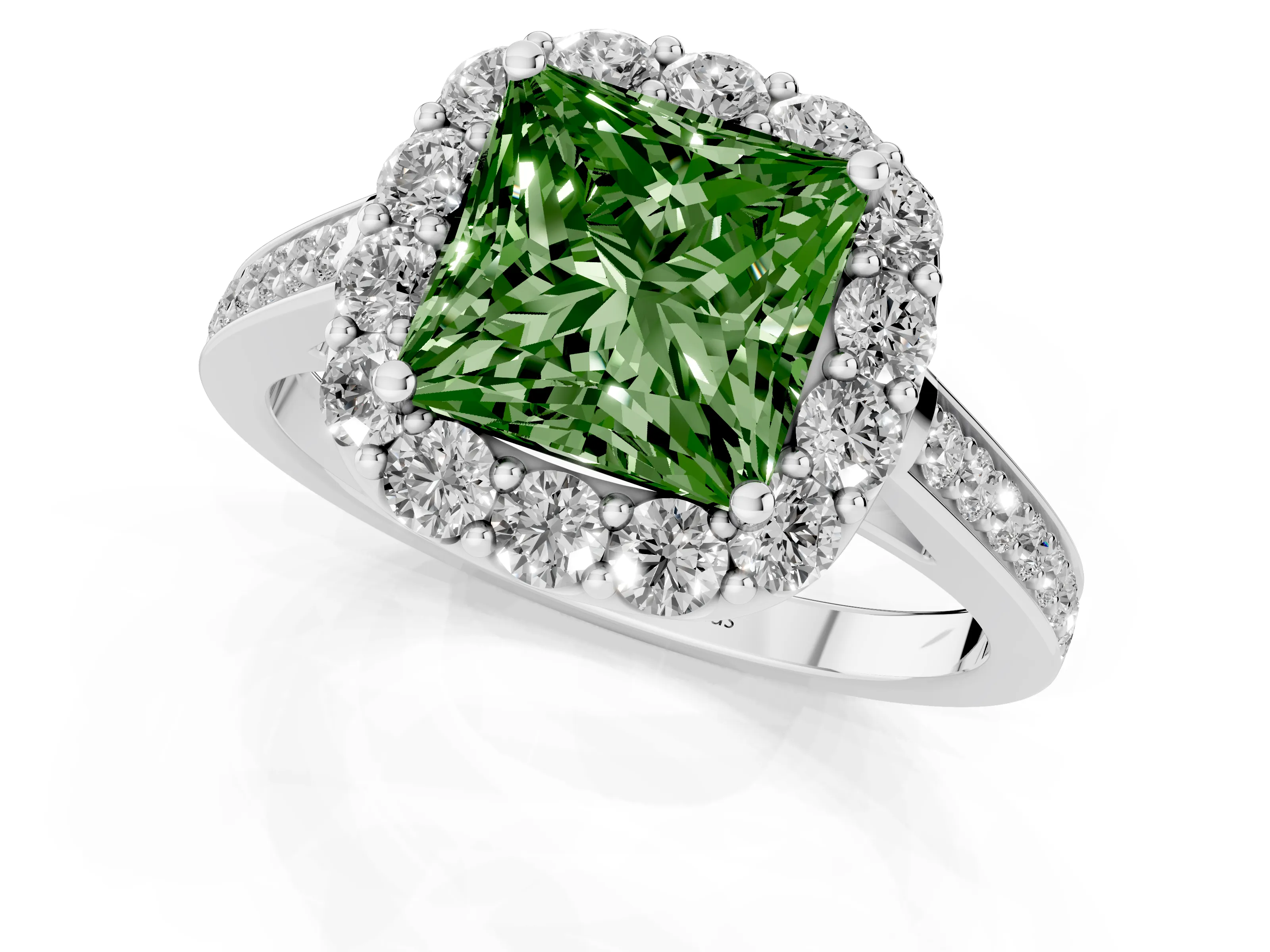 Fancy Green Princess Cut Diamond Floral Halo Ring Set in Silver with Pavé Band and Prong Setting