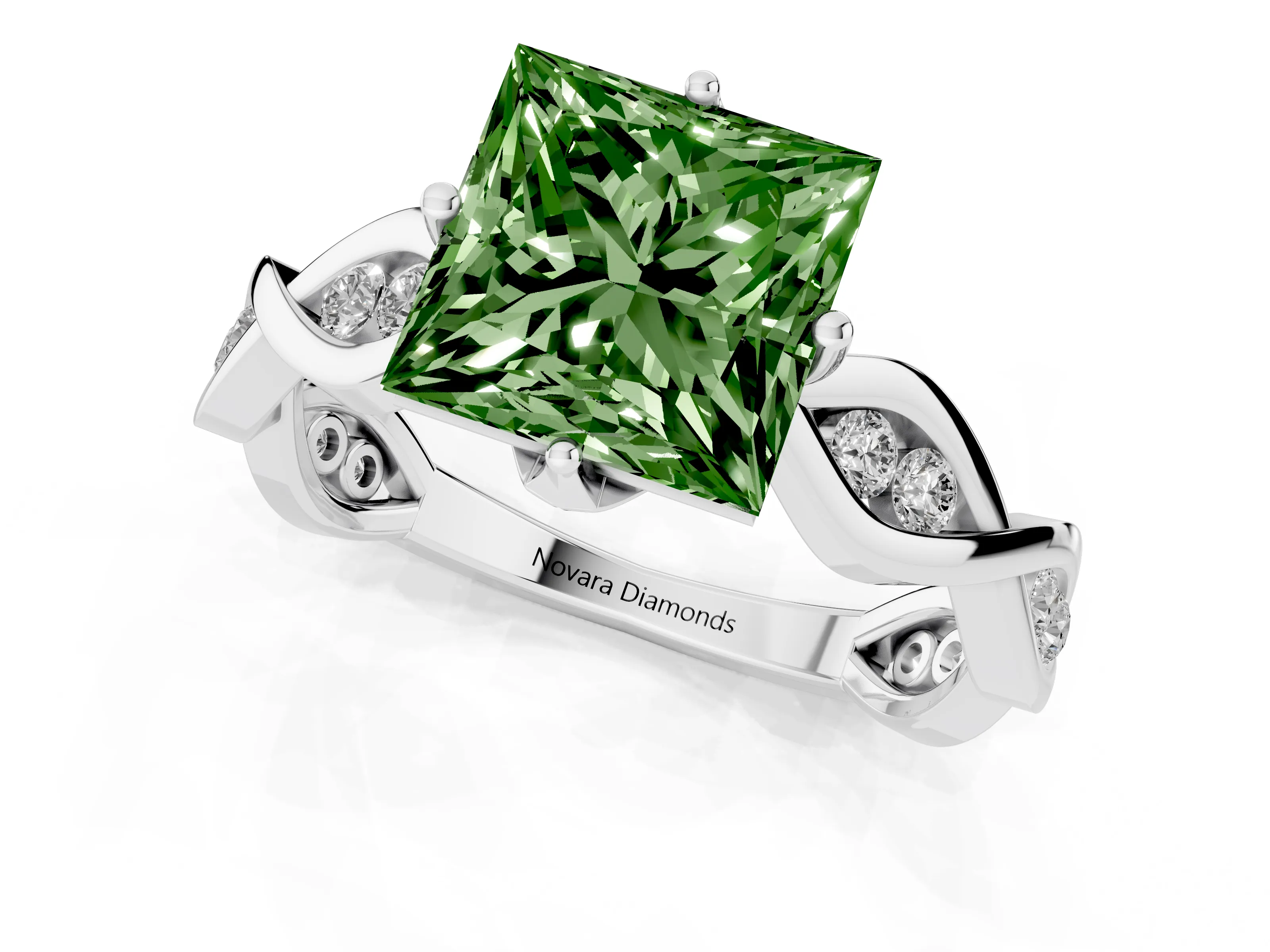 Fancy Green Princess Cut Diamond Twist Band Solitaire Ring Set in White gold with Leaf Prong Setting and Accent Stones