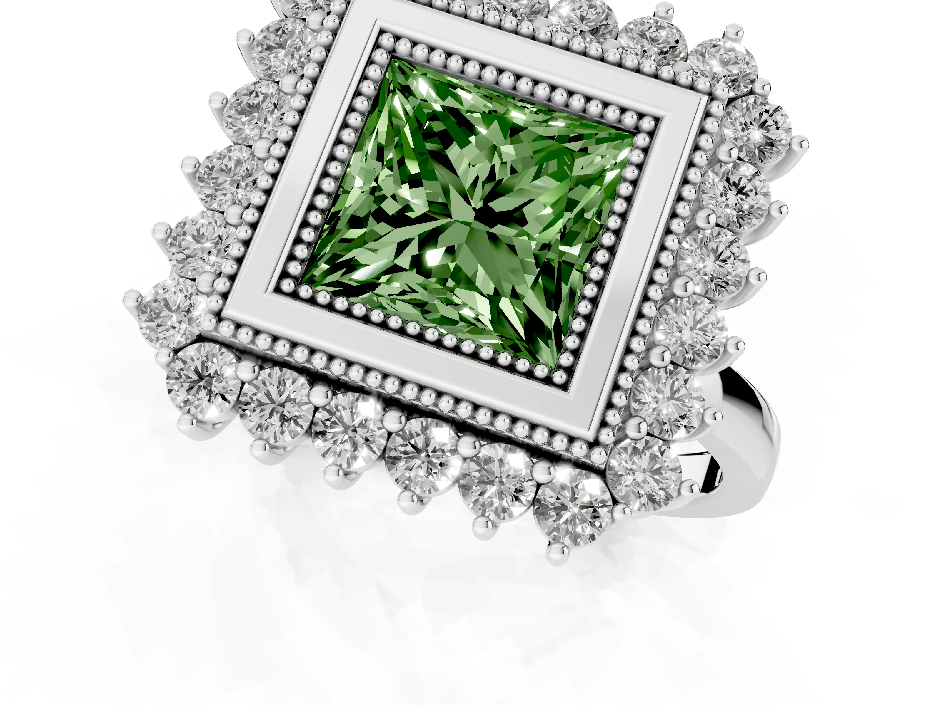 Fancy Green Princess Cut Diamond Halo Ring Set in Platinum with Milgrain Edge and Round Prong Setting