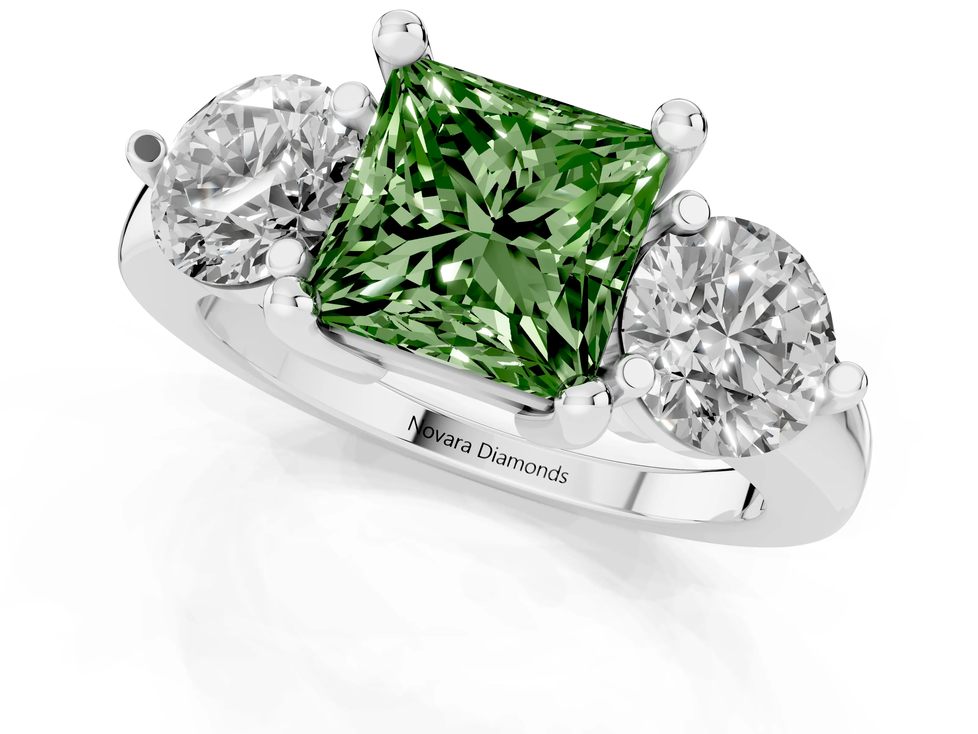 Fancy Green Princess Cut Diamond Three-Stone Ring Set in White gold with Prong Setting and Classic Band