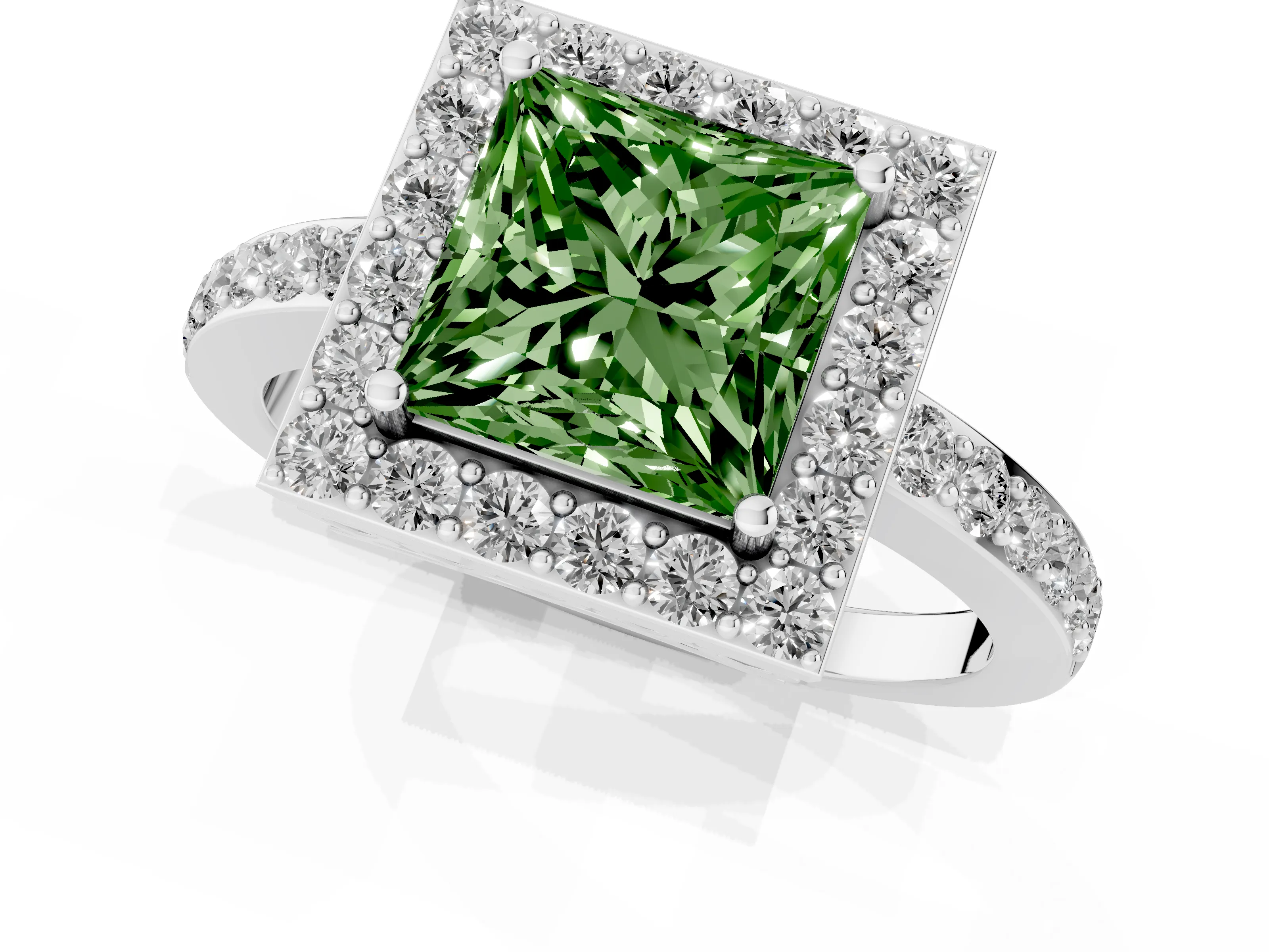 Fancy Green Princess Cut Diamond Halo Ring Set in Silver with Pavé-Setting Band and Open Prong Center