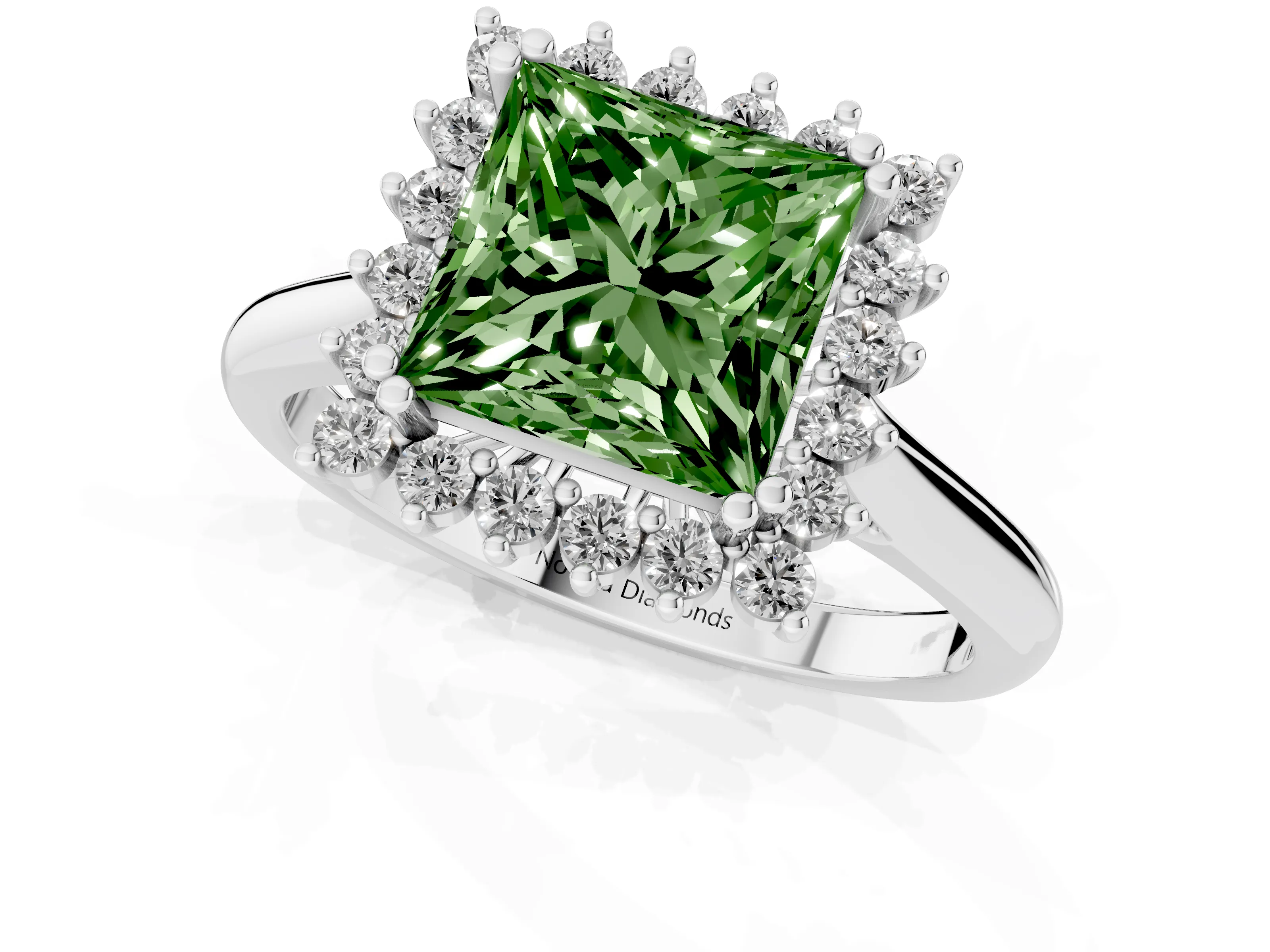 Fancy Green Princess Cut Diamond Halo Ring Set in Silver with Plain Solitaire Band and Prong Setting