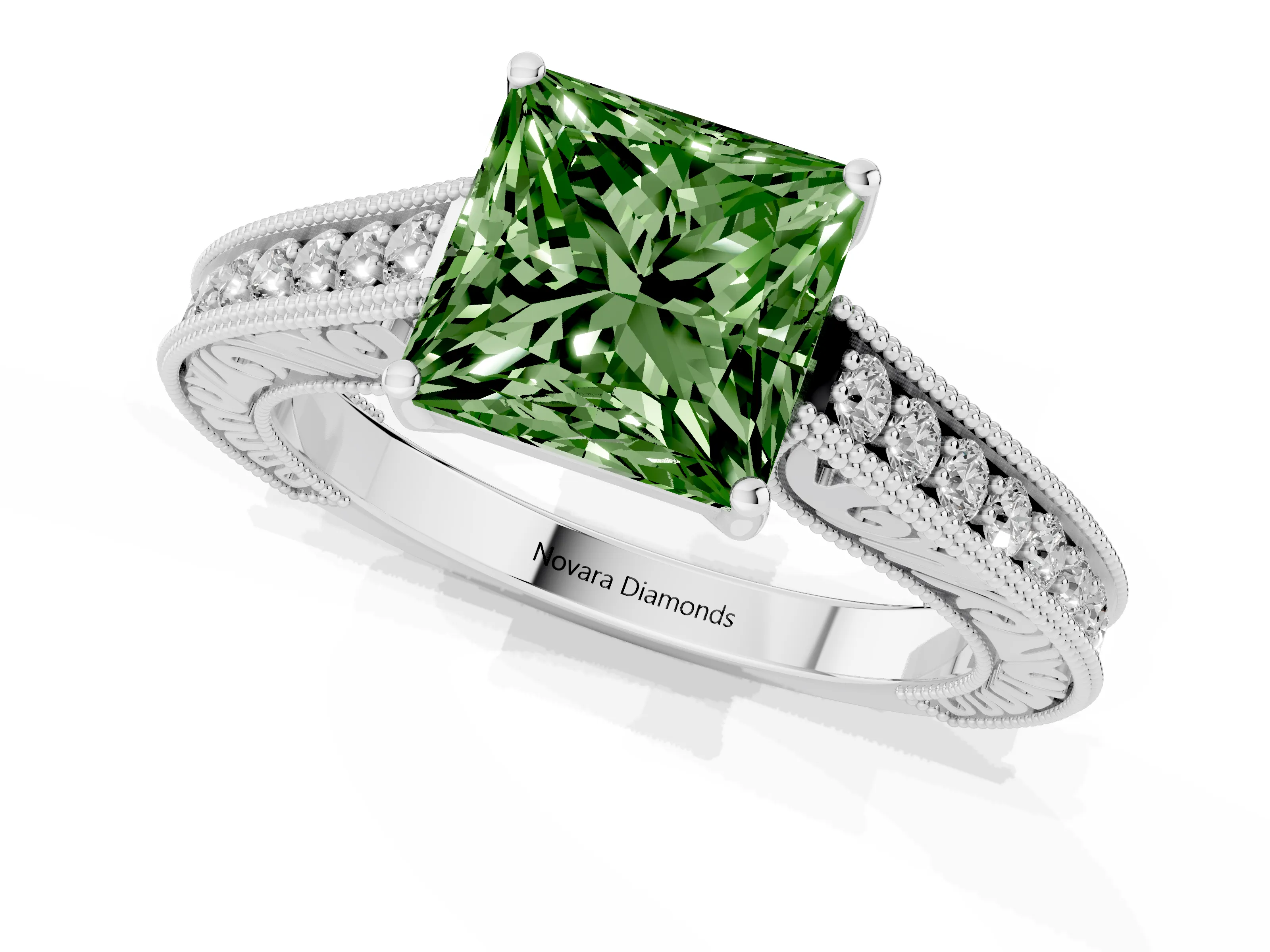 Fancy Green Princess Cut Diamond Milgrain Pavé Band Solitaire Ring Set in Platinum with Prong Setting