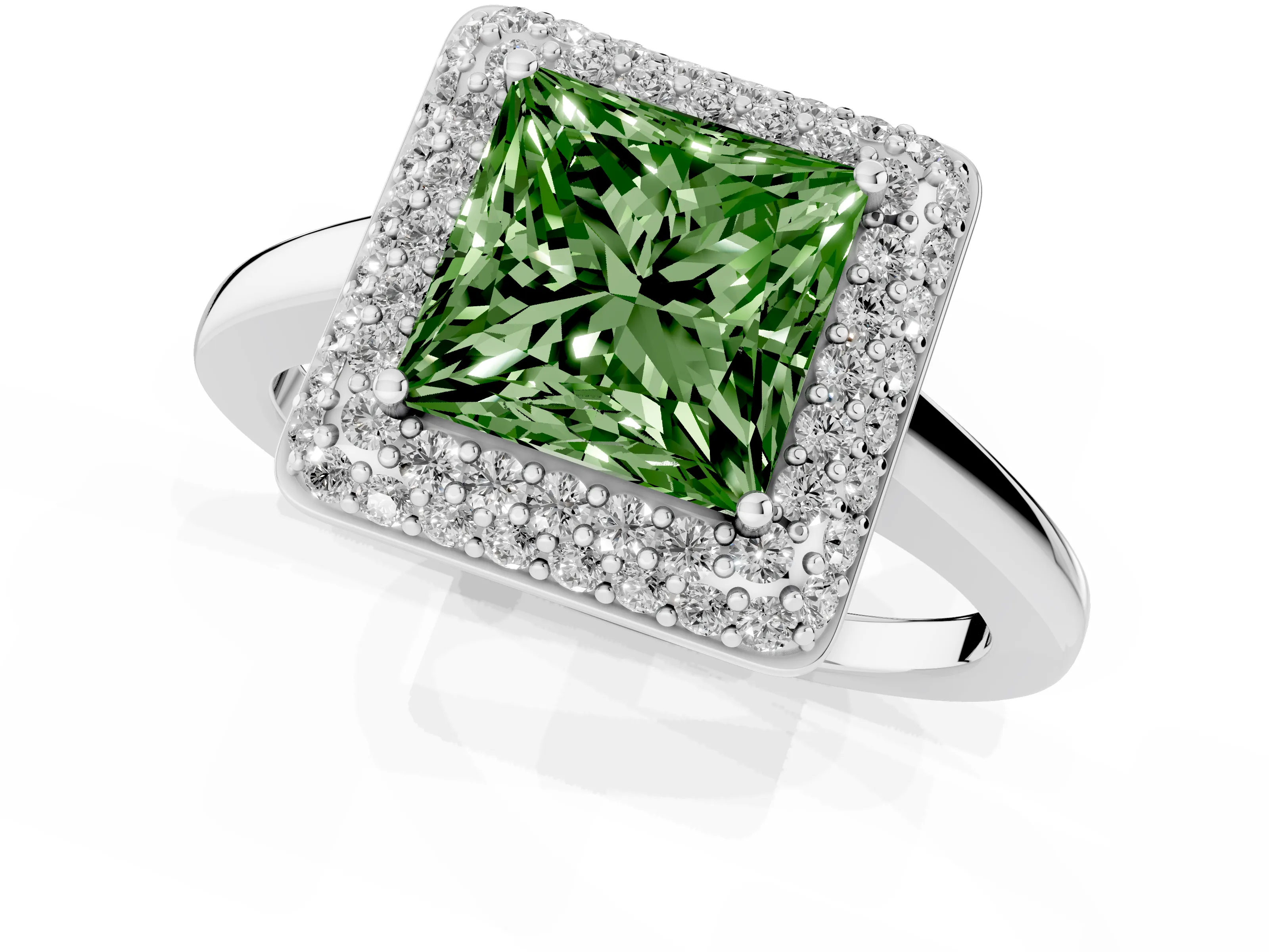 Fancy Green Princess Cut Diamond Halo Engagement Ring Set in White gold with Solitaire Band and Prong Setting