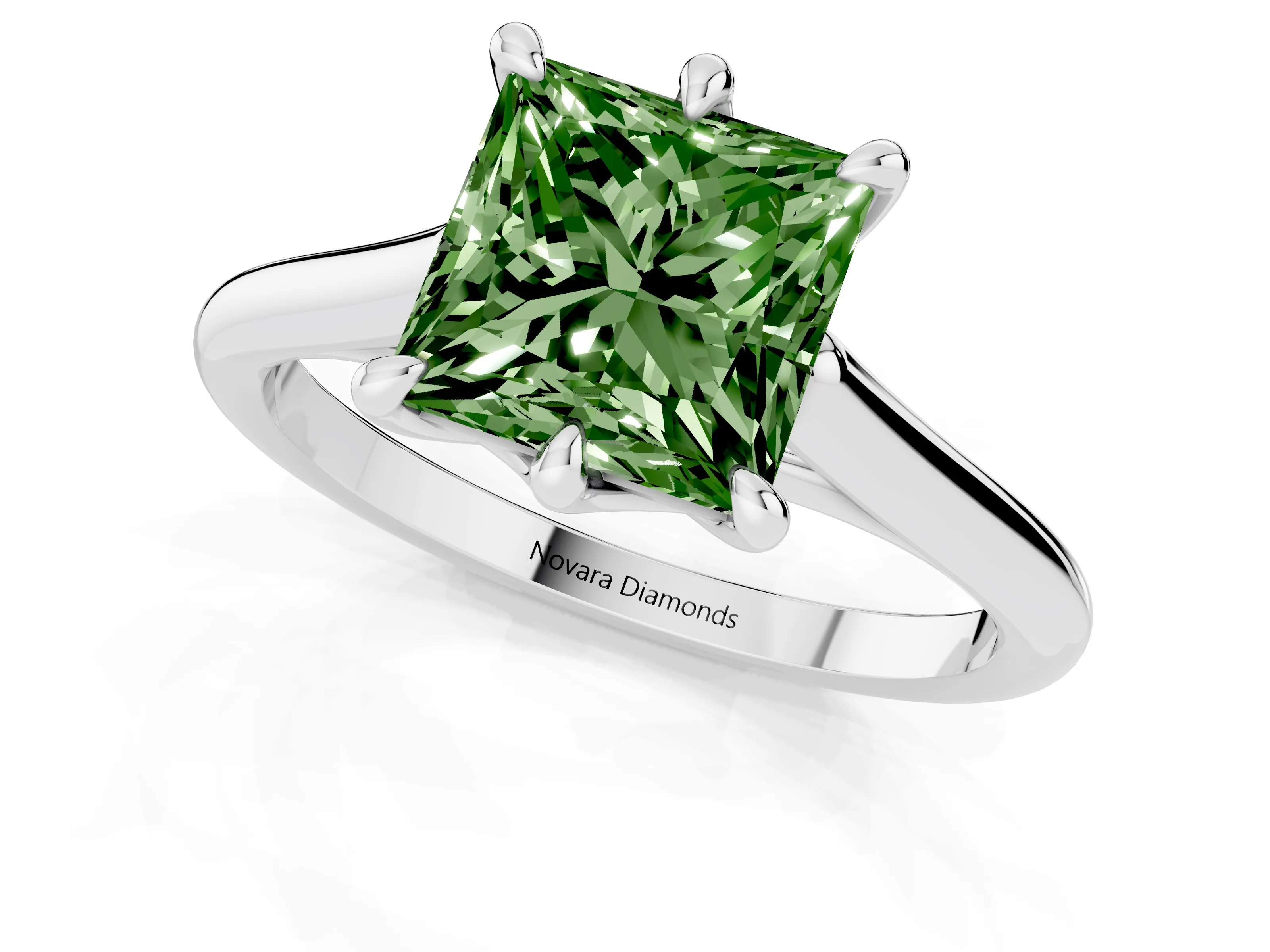 Fancy Green Princess Cut Diamond Solitaire Engagement Ring Set in Platinum with Prong Setting and Plain Classic Band