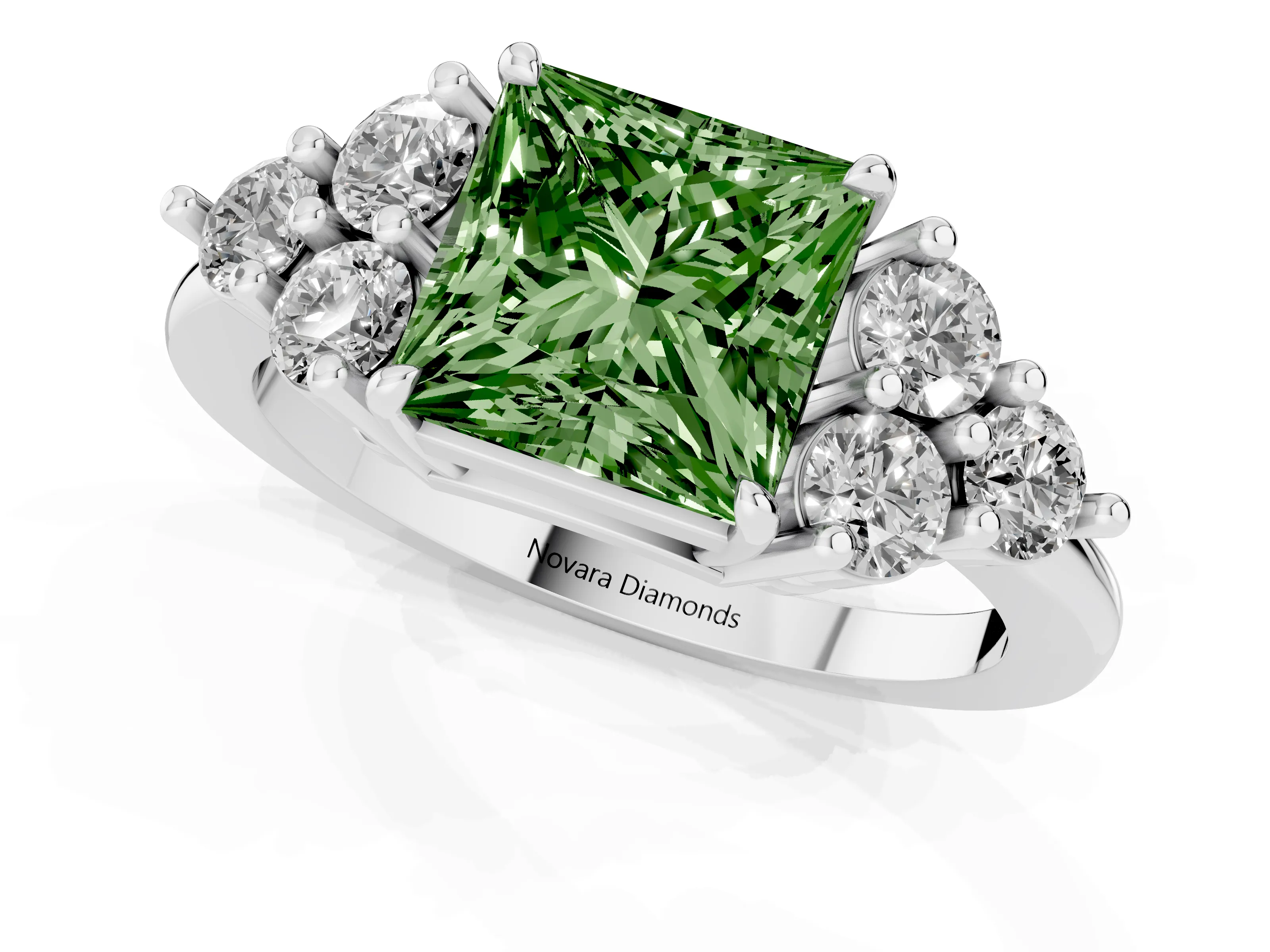 Fancy Green Princess Cut Diamond Solitaire Ring Set in Platinum with Cluster Accents on Each Side