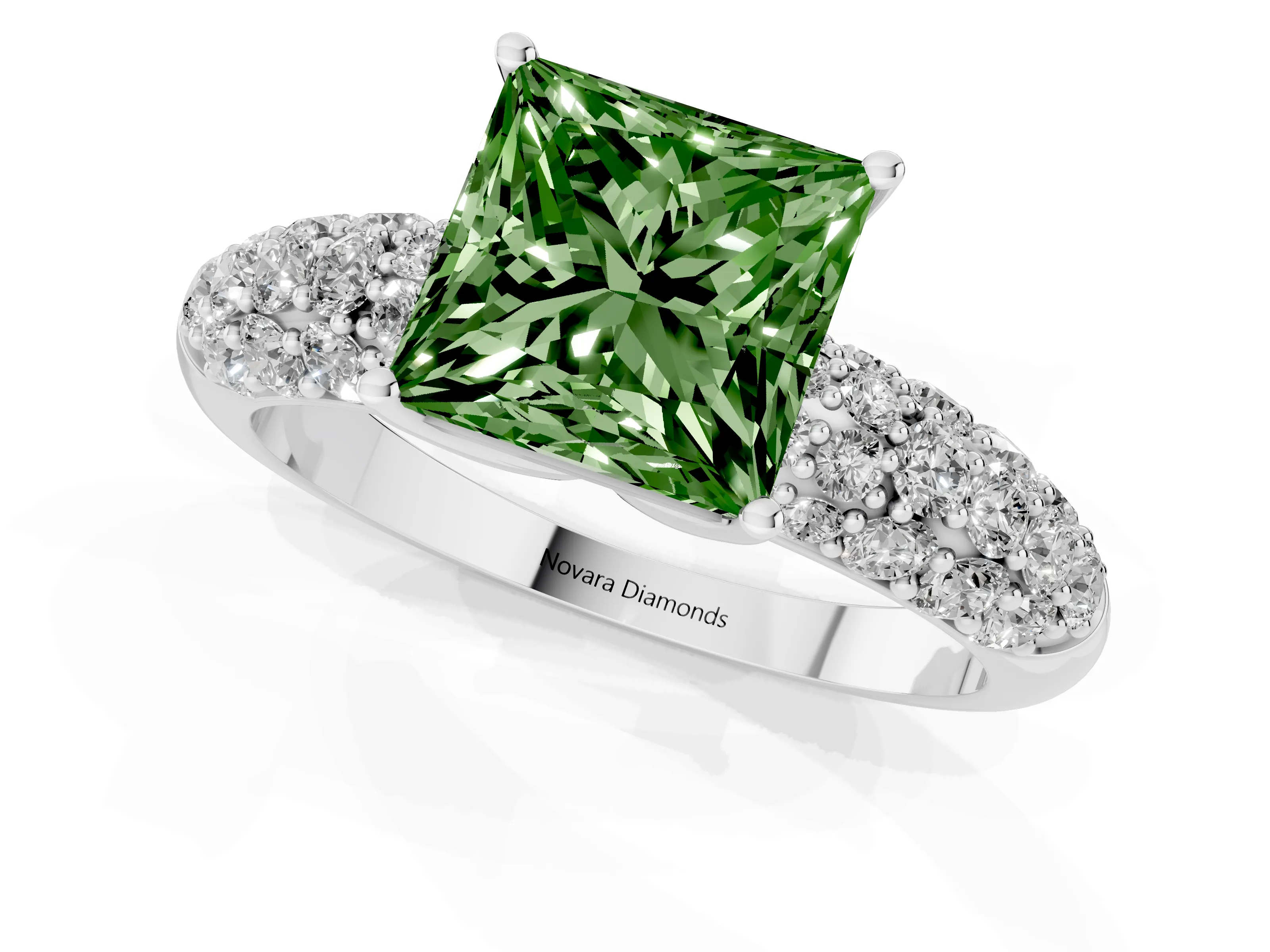 Fancy Green Princess Cut Diamond Pavé Band Solitaire Ring Set in Platinum with Close-Set Accent Stones and Prong Setting