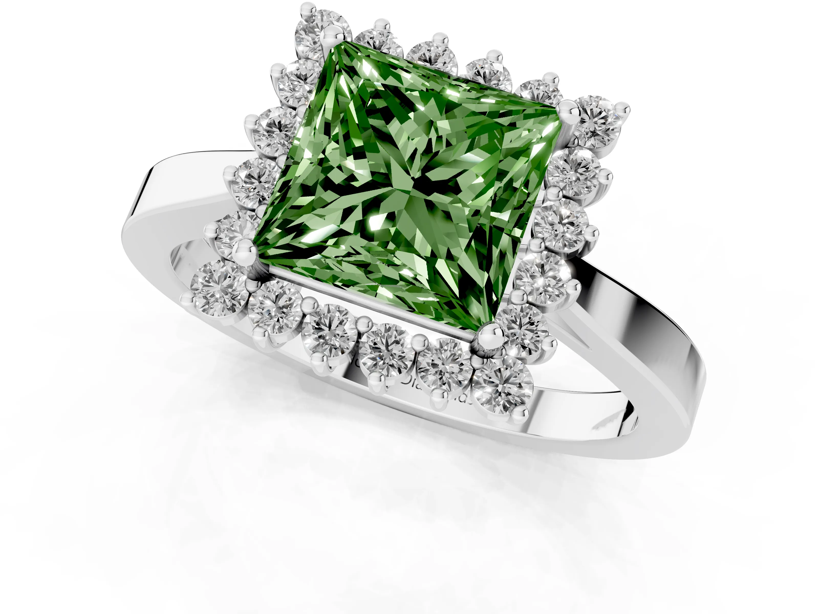 Fancy Green Princess Cut Diamond Halo Ring Set in White gold with Round Halo and Smooth Solitaire Band