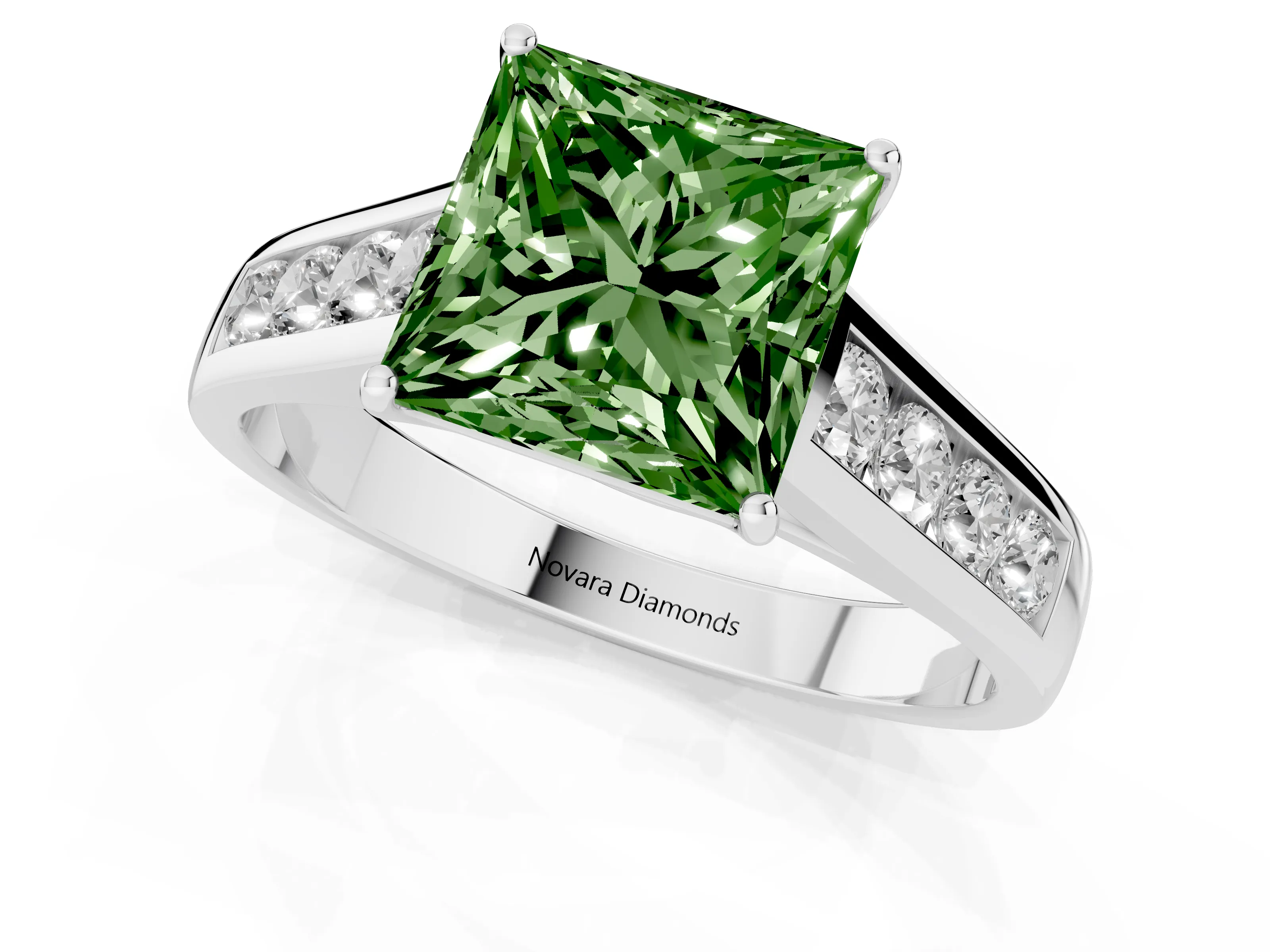Fancy Green Princess Cut Diamond Solitaire Channel-Set Engagement Ring Set in Silver with Prong Setting