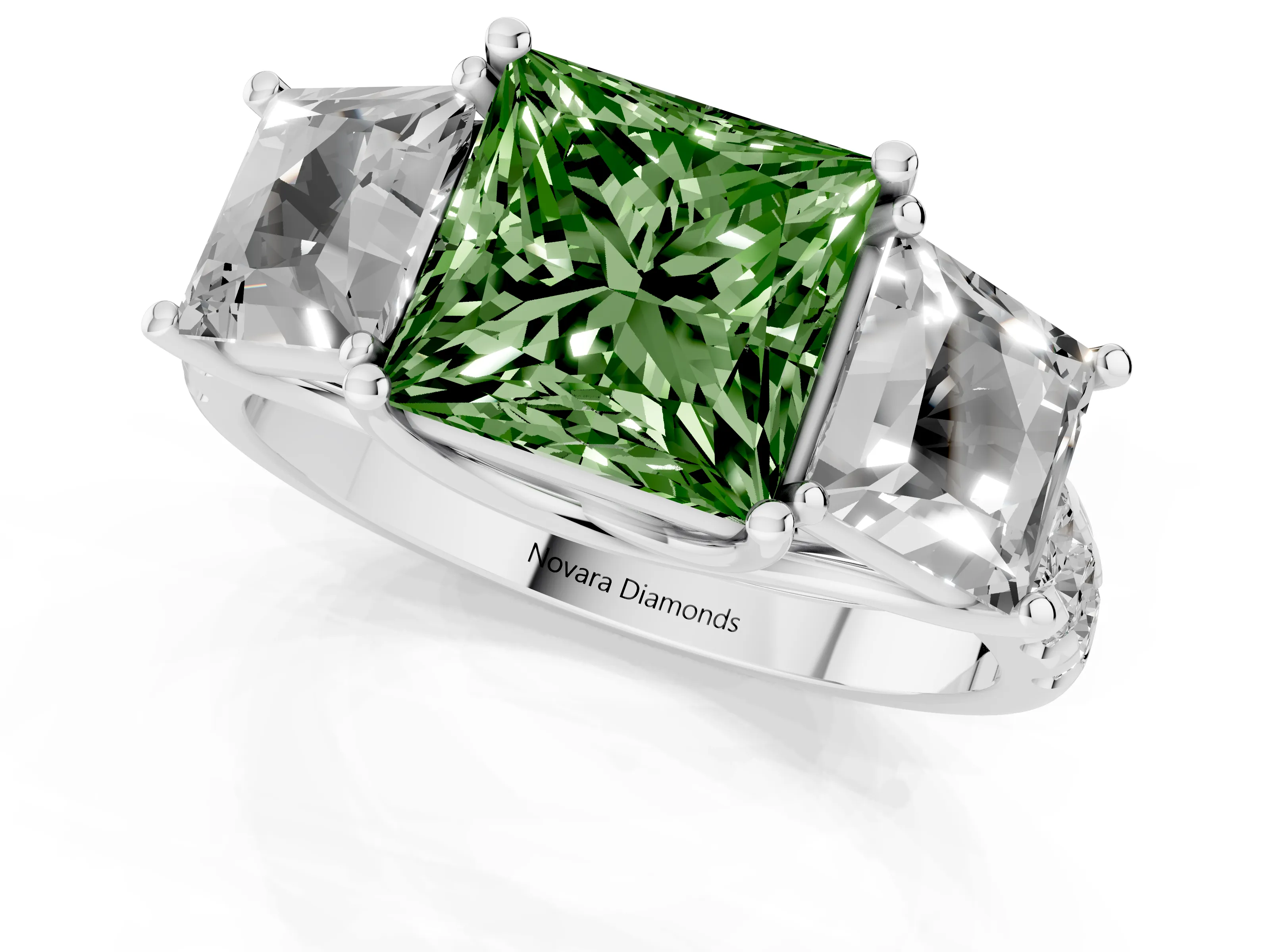 Fancy Green Princess Cut Diamond Three-Stone Ring Set in Silver with Pavé Band