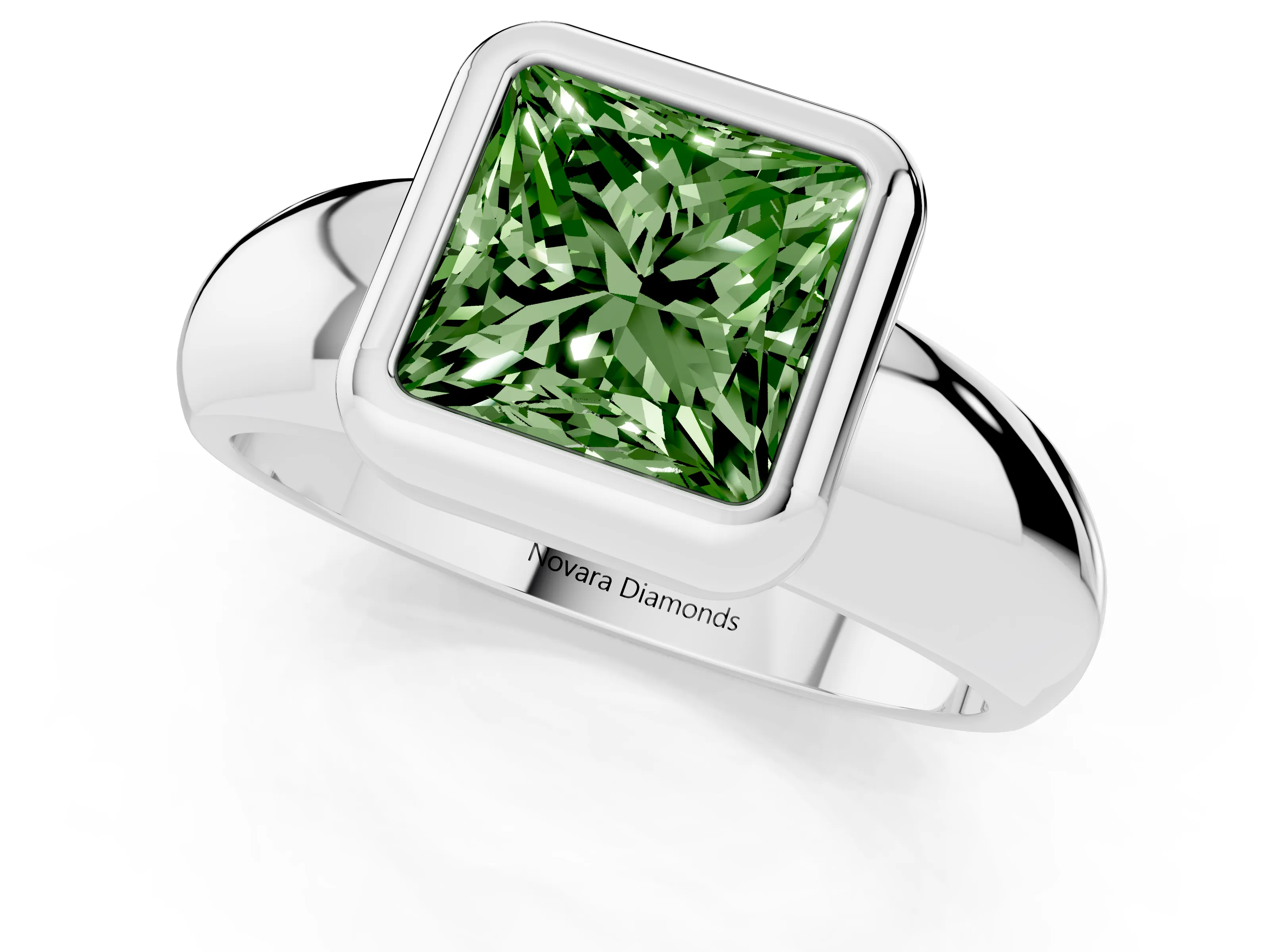 Fancy Green Bezel Set Princess Cut Diamond Solitaire Ring Set in White gold with Wide Band