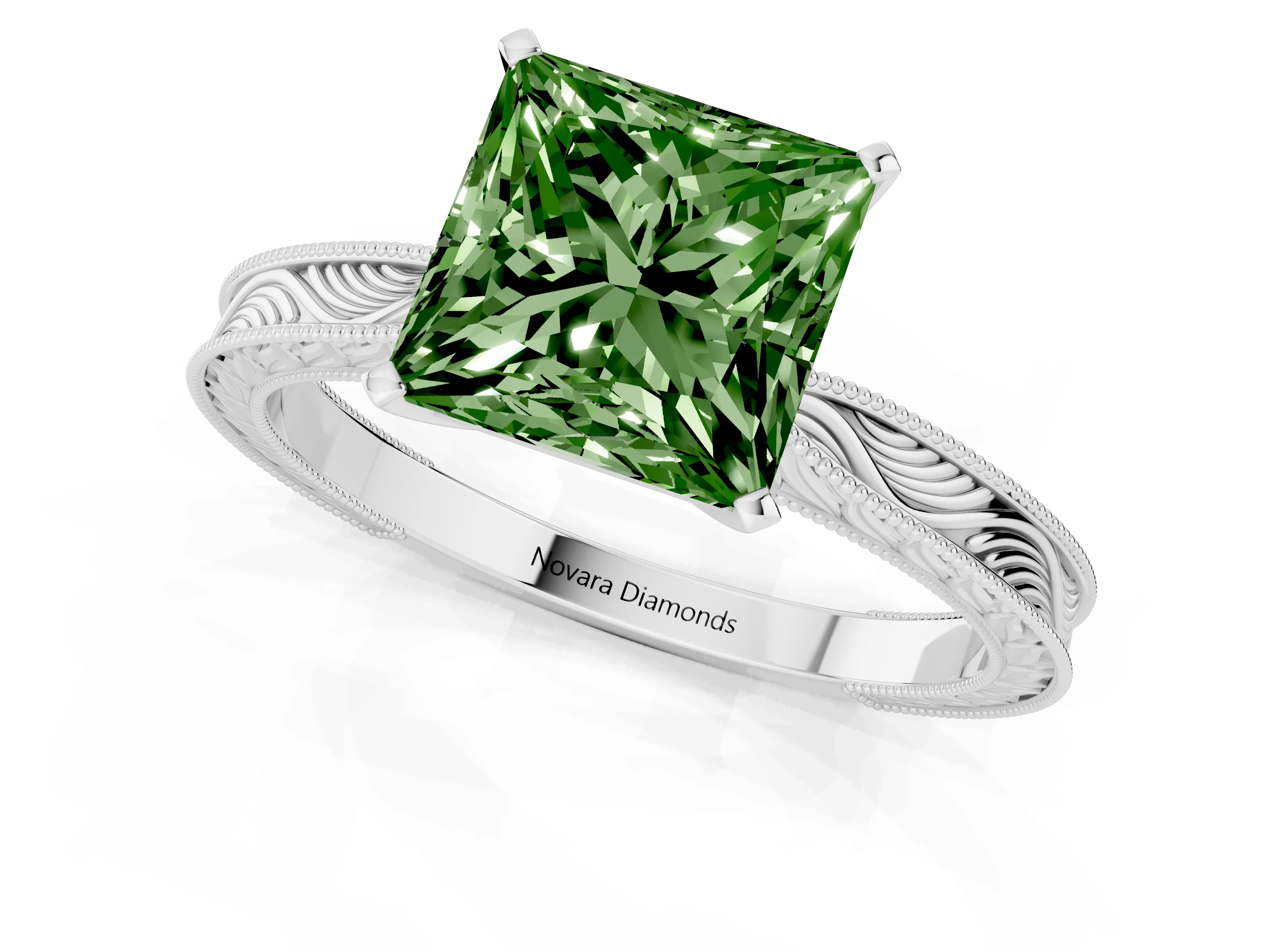 Fancy Green Princess Cut Diamond Solitaire Milgrain Engraved Band Set in Silver with Prong Setting