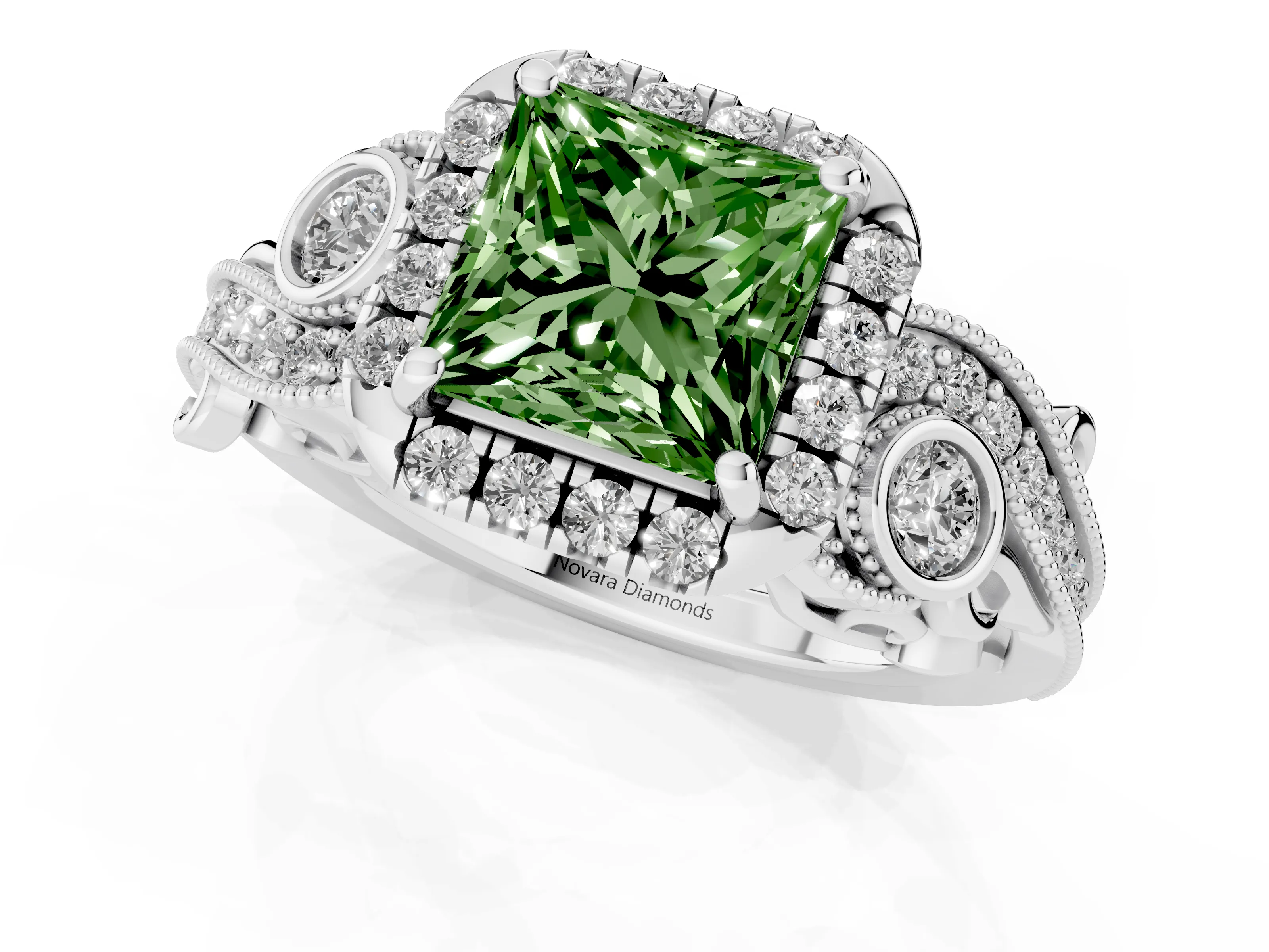 Fancy Green Princess Cut Diamond Halo Split Shank Ring Set in Silver with Milgrain and Bezel Accents
