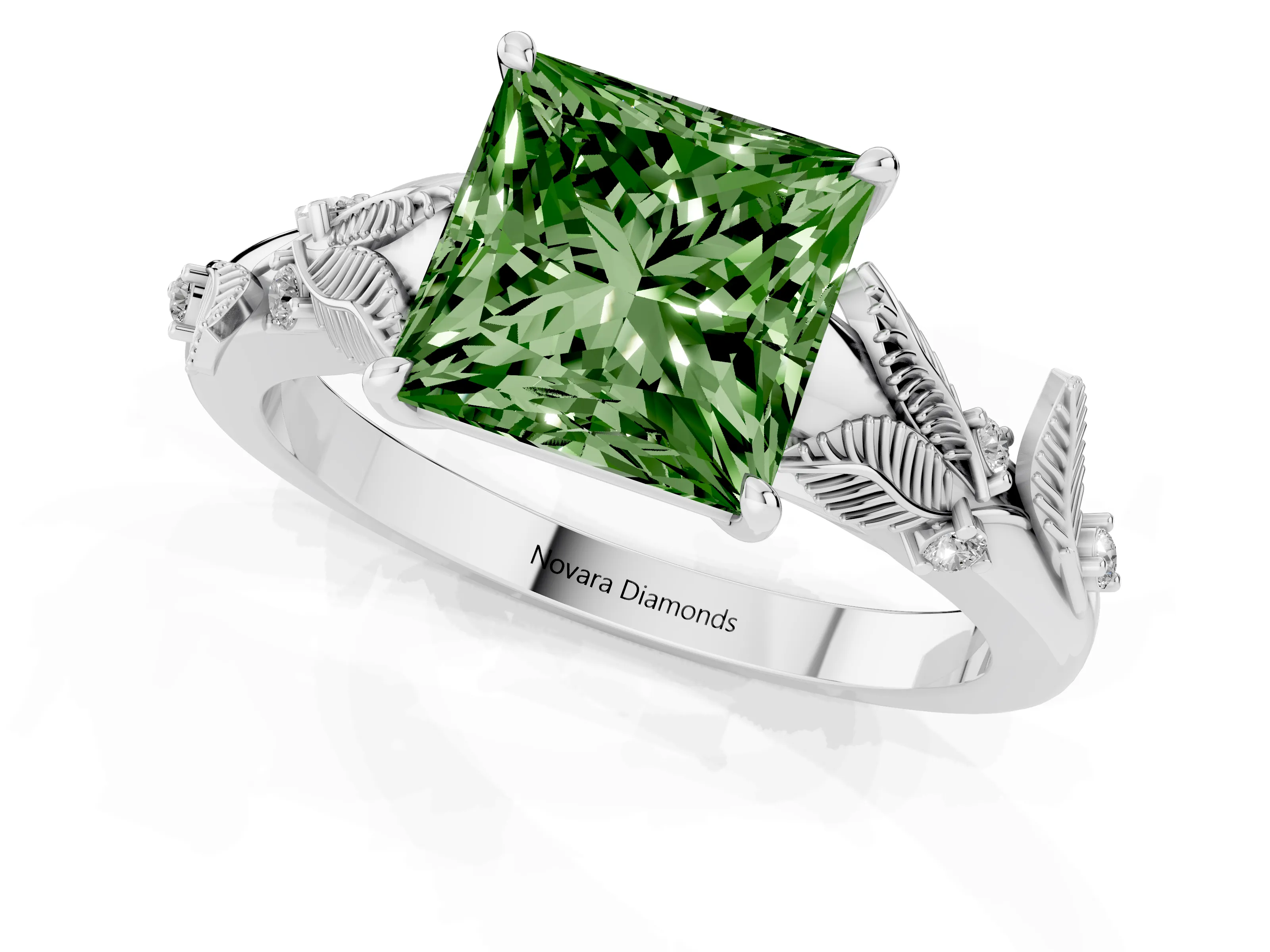 Fancy Green Princess Cut Diamond Solitaire Ring Set in Silver with Leaf Motif Band