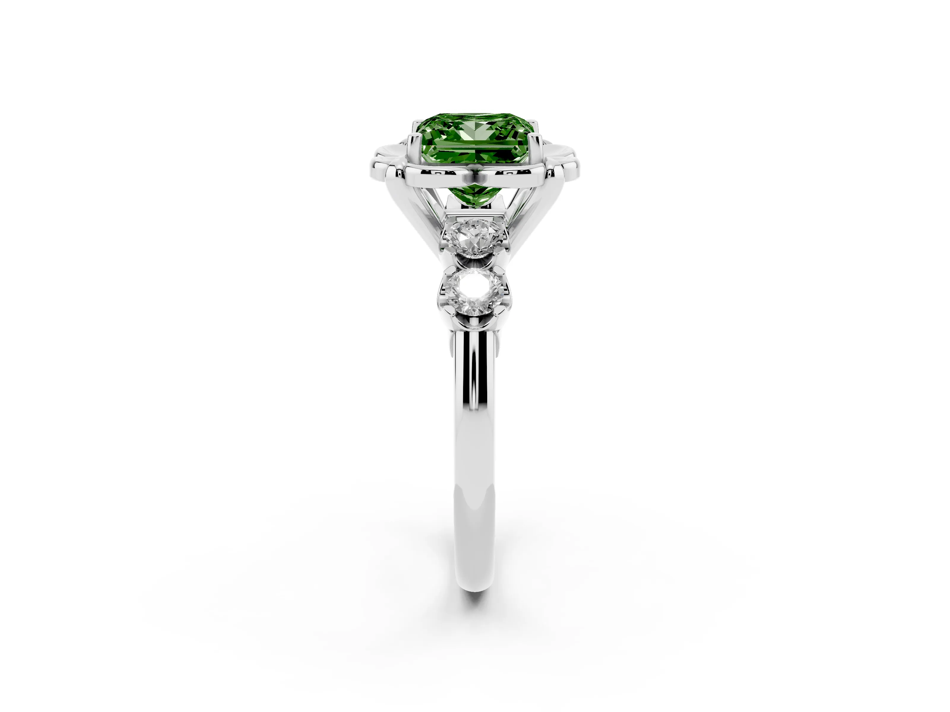 Fancy Green Princess Cut Diamond Floral Halo Ring Set in Platinum with Shared Prong Band