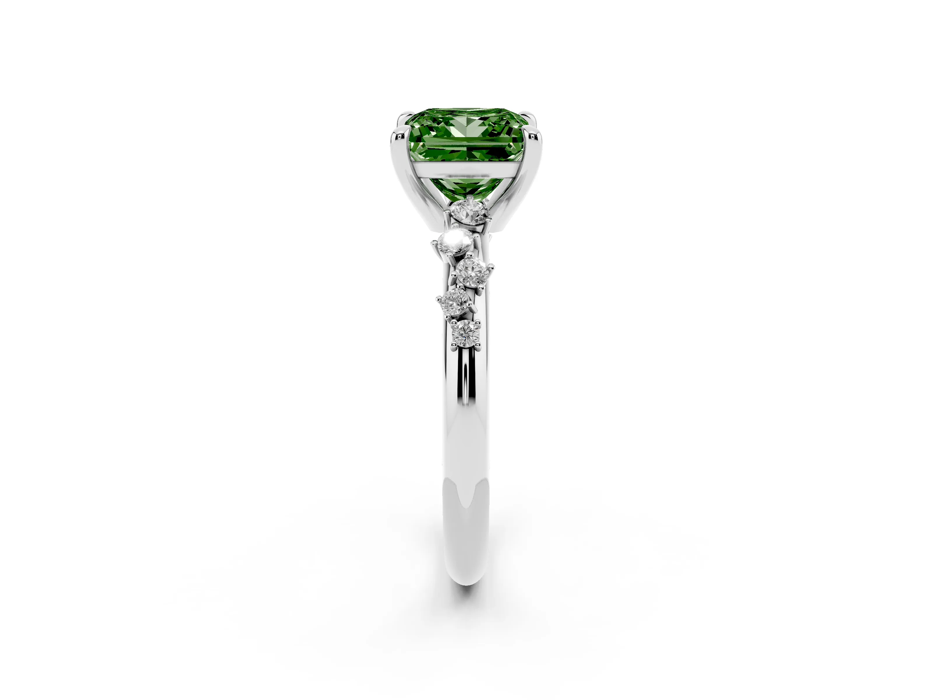 Fancy Green Princess Cut Diamond Solitaire Vine Band Ring Set in White gold with Round Accents and Prong Setting