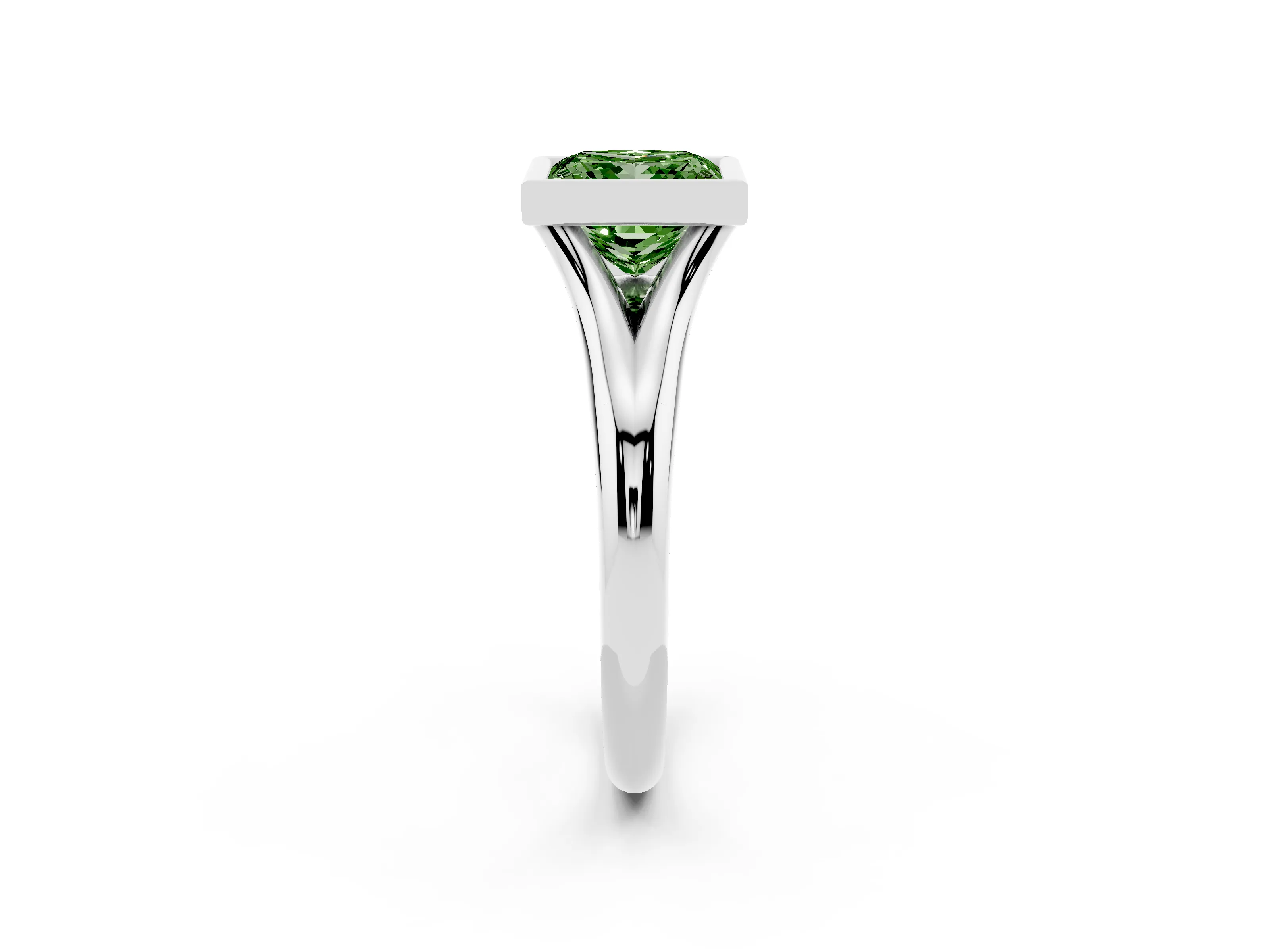 Fancy Green Bezel Set Princess Cut Diamond Solitaire Ring Set in White gold with Smooth Band