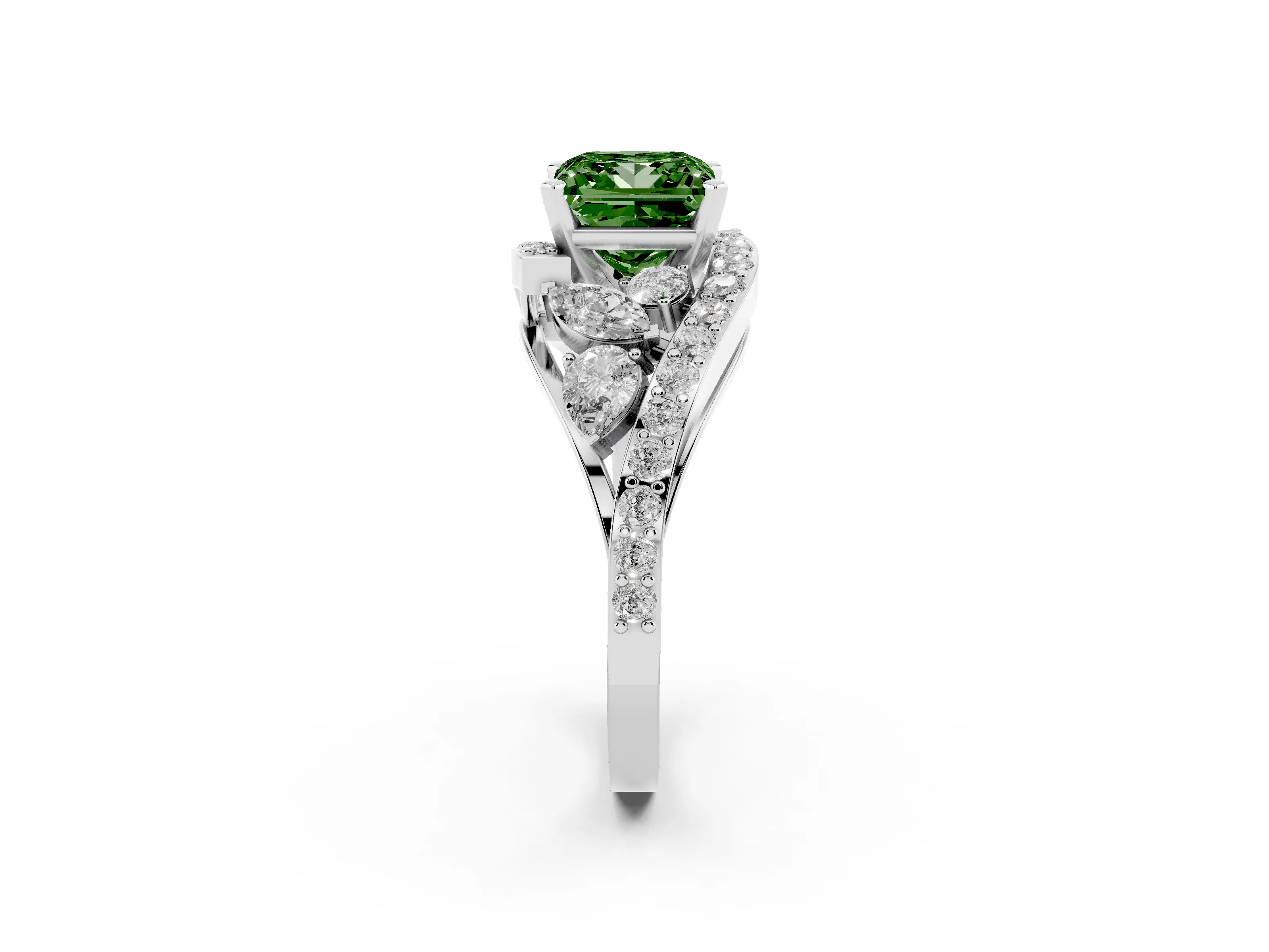 Fancy Green Princess Cut Diamond Halo Ring Set in Platinum with Marquise and Pavé Band in Prong Setting