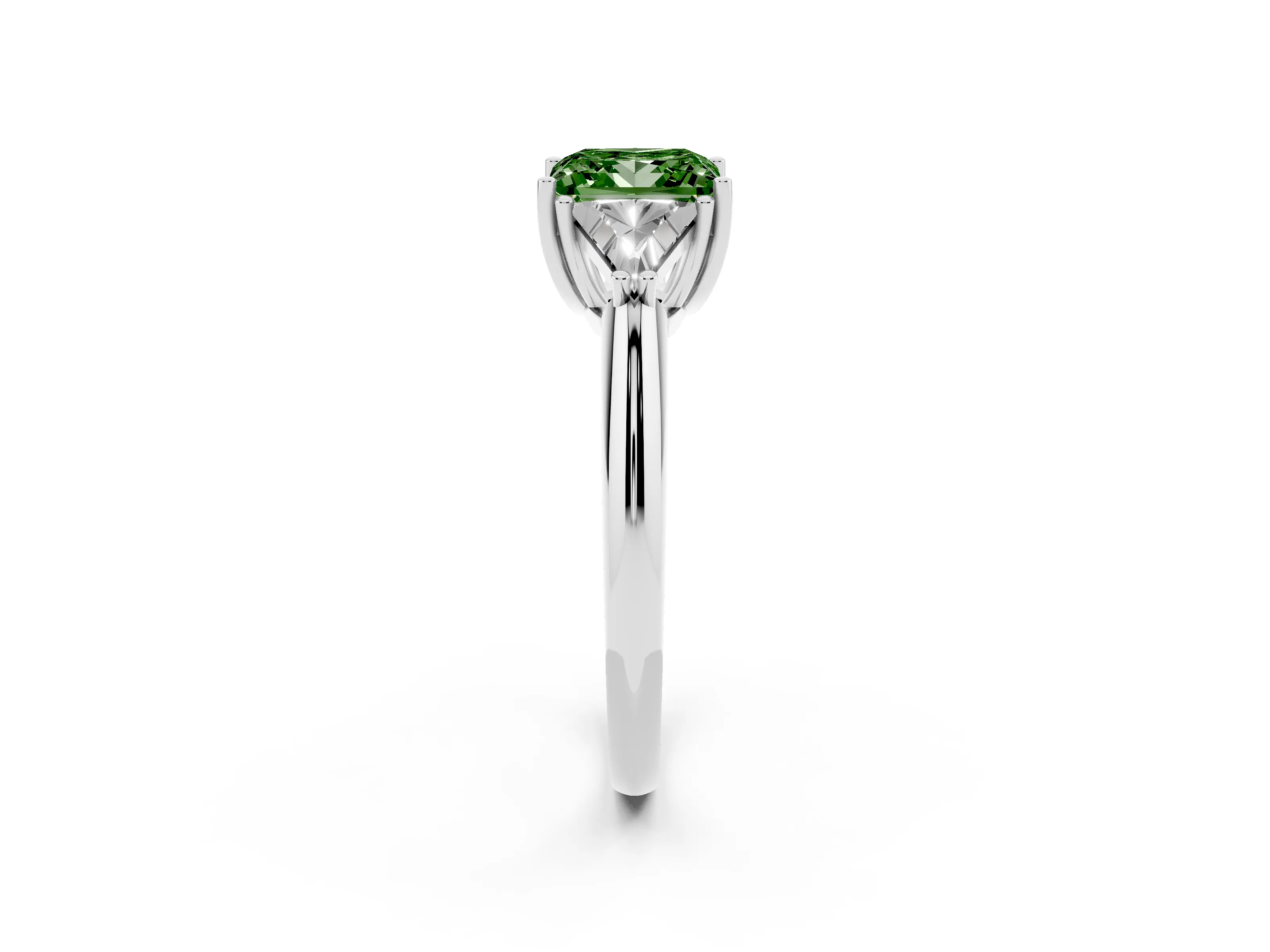 Fancy Green Princess Cut Diamond Three-Stone Engagement Ring Set in White gold with Trillion Side Stones
