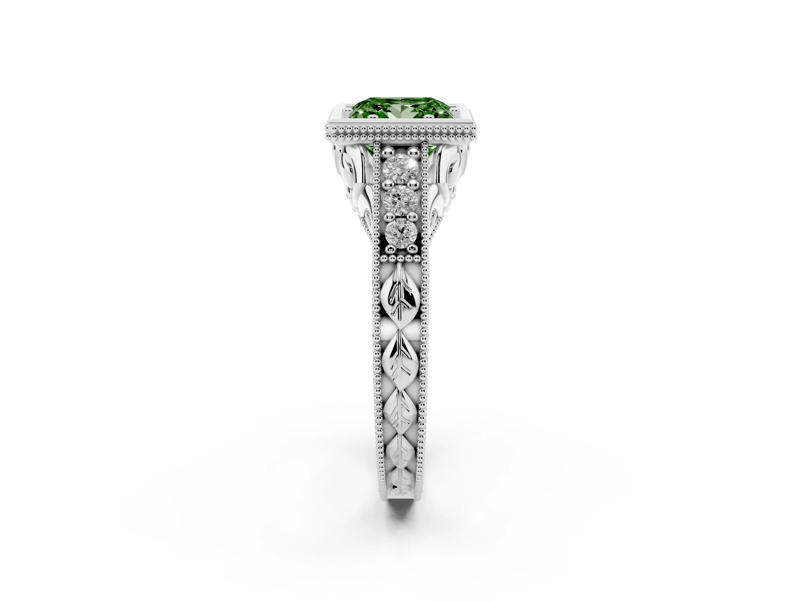 Fancy Green Bezel Set Princess Cut Diamond Milgrain Pavé Engagement Ring Set in Silver