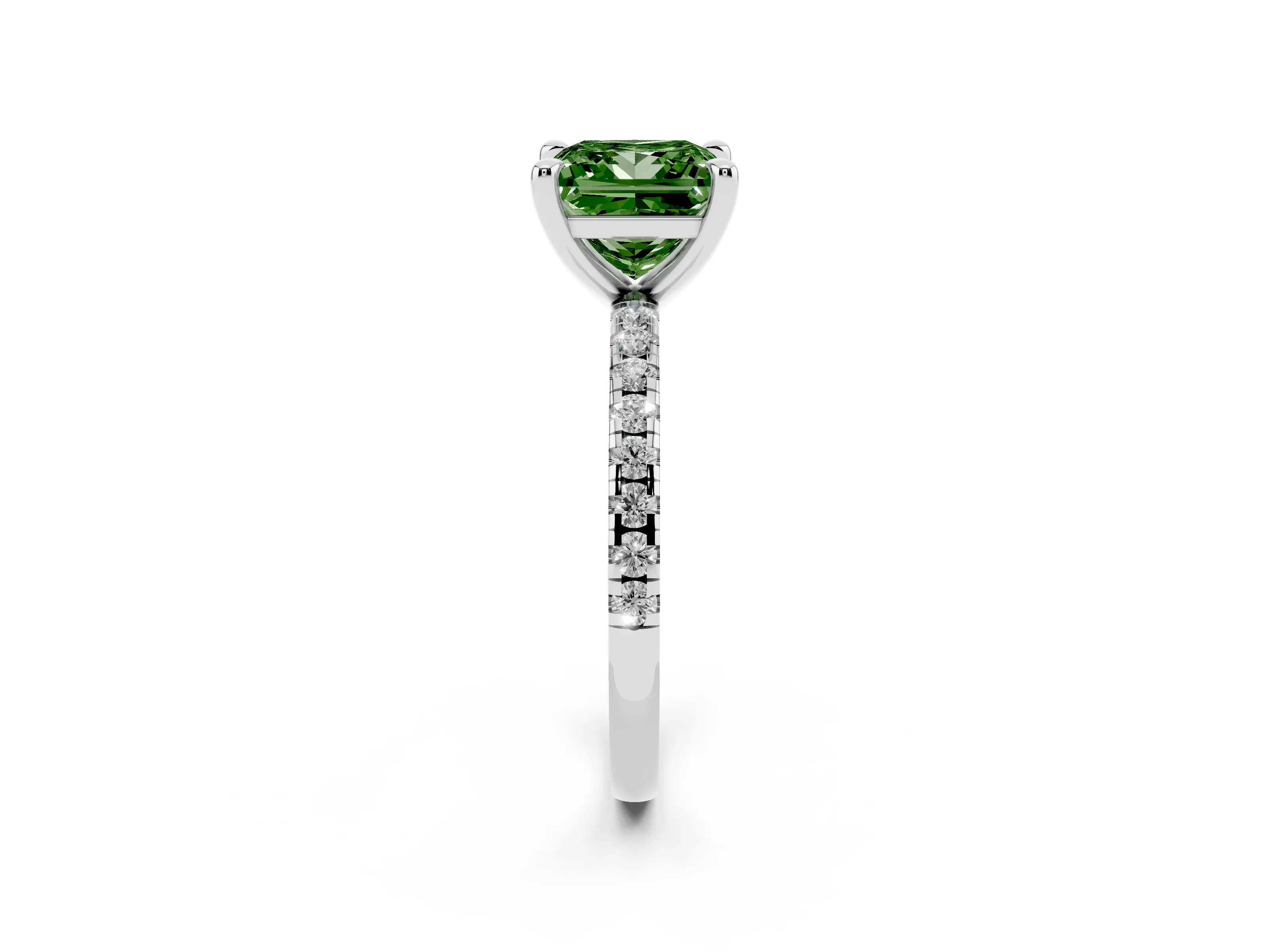 Fancy Green Princess Cut Diamond Brilliant Solitaire Ring Set in White gold with Pavé Band and Prong Setting