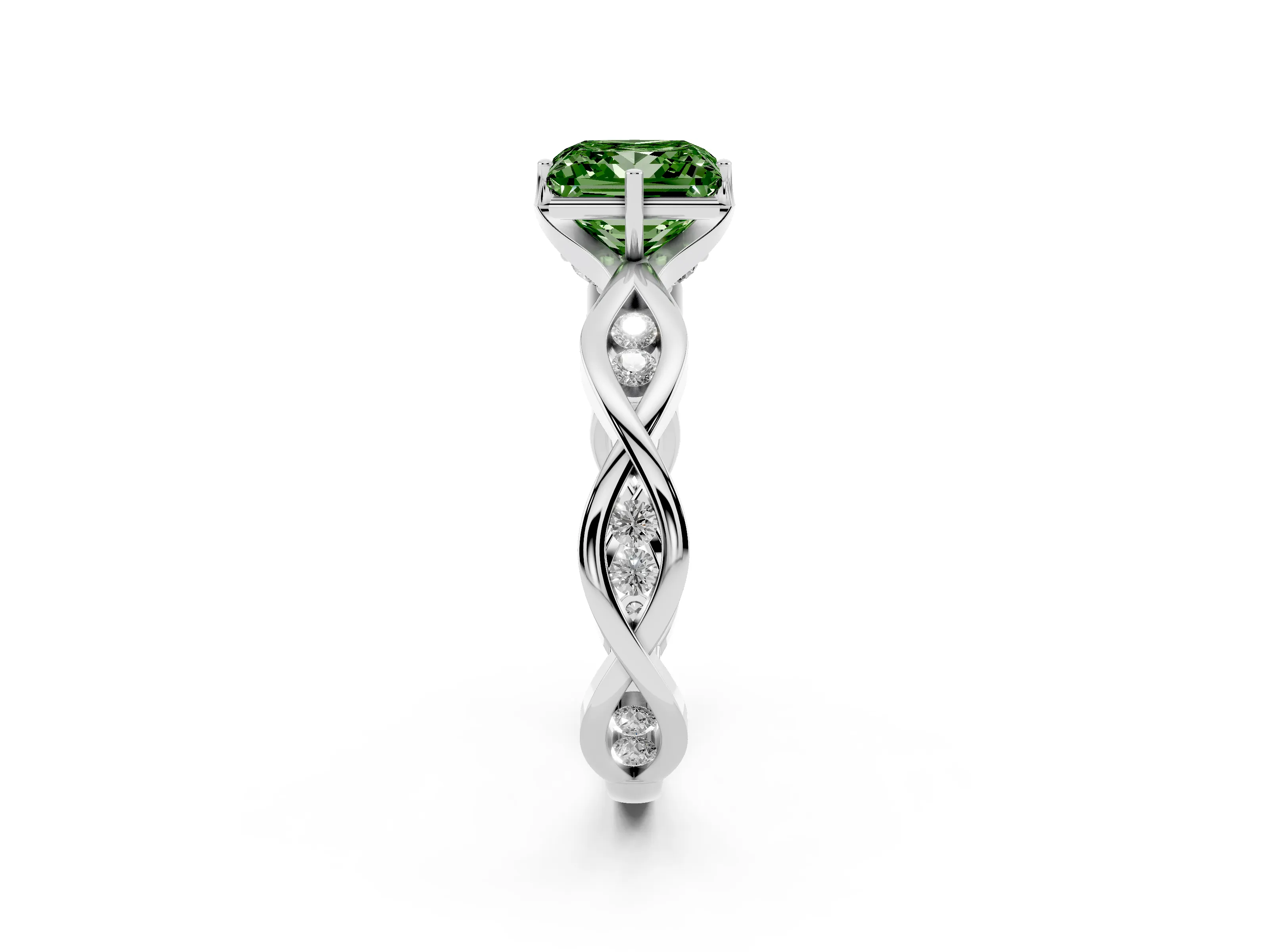 Fancy Green Princess Cut Diamond Twist Band Solitaire Ring Set in White gold with Leaf Prong Setting and Accent Stones