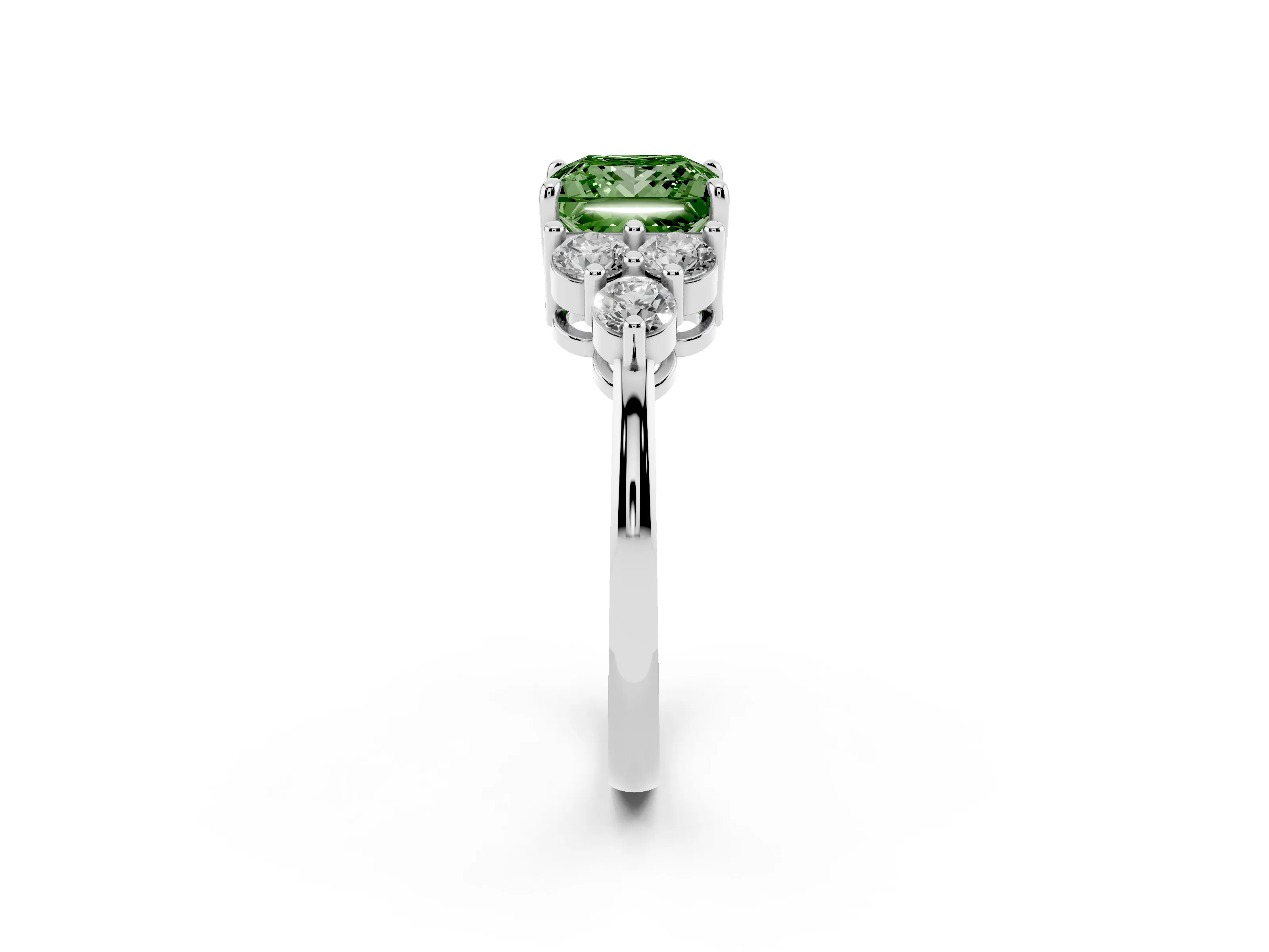 Fancy Green Princess Cut Diamond Solitaire Ring Set in Platinum with Cluster Accents on Each Side