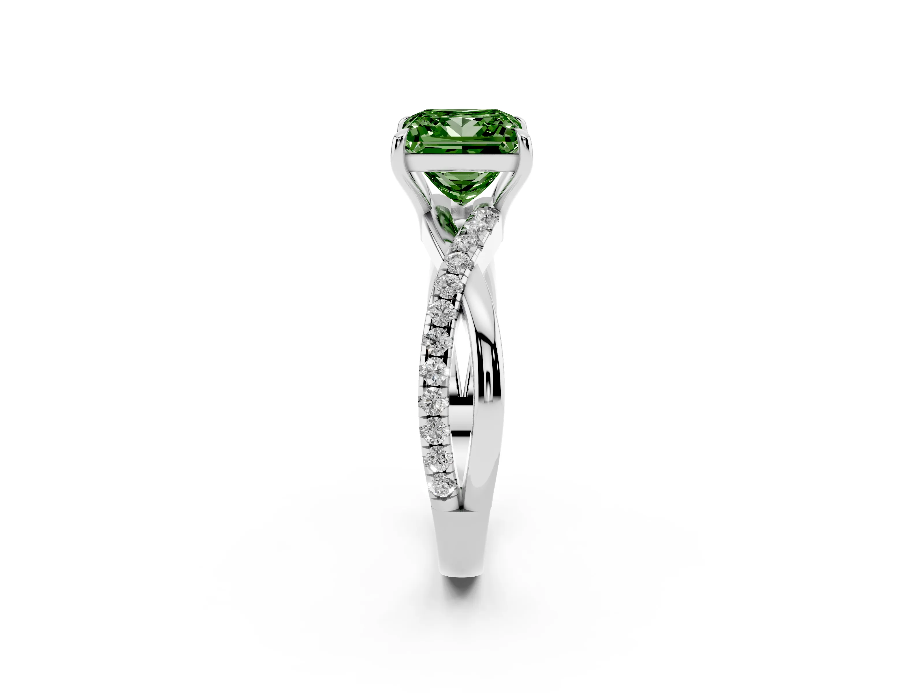Fancy Green Princess Cut Diamond Twisted Pavé Band Ring Set in Silver with Prong Setting