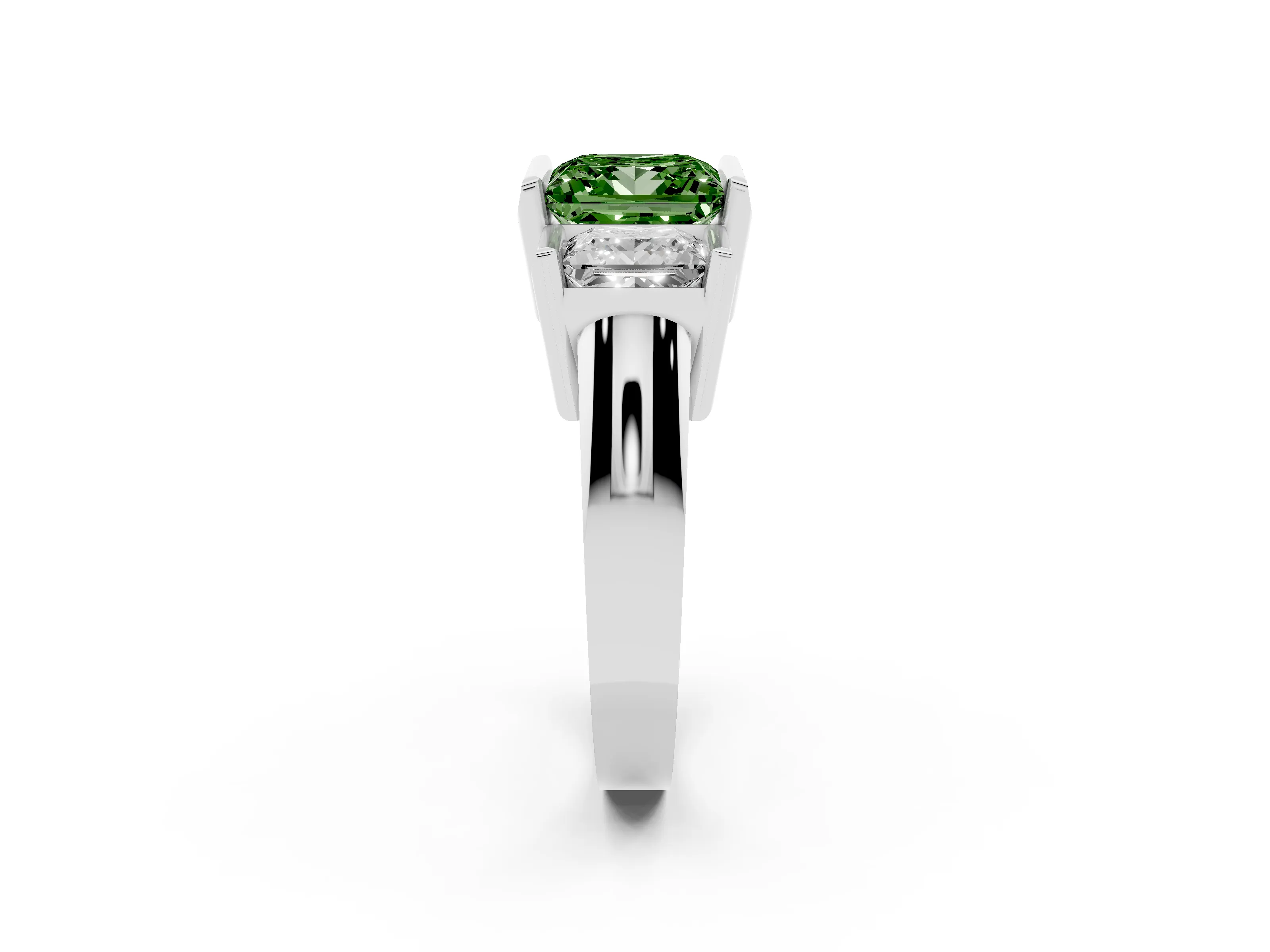 Fancy Green Princess Cut Diamond Three-Stone Channel Set Ring Set in Platinum with Smooth Polished Band