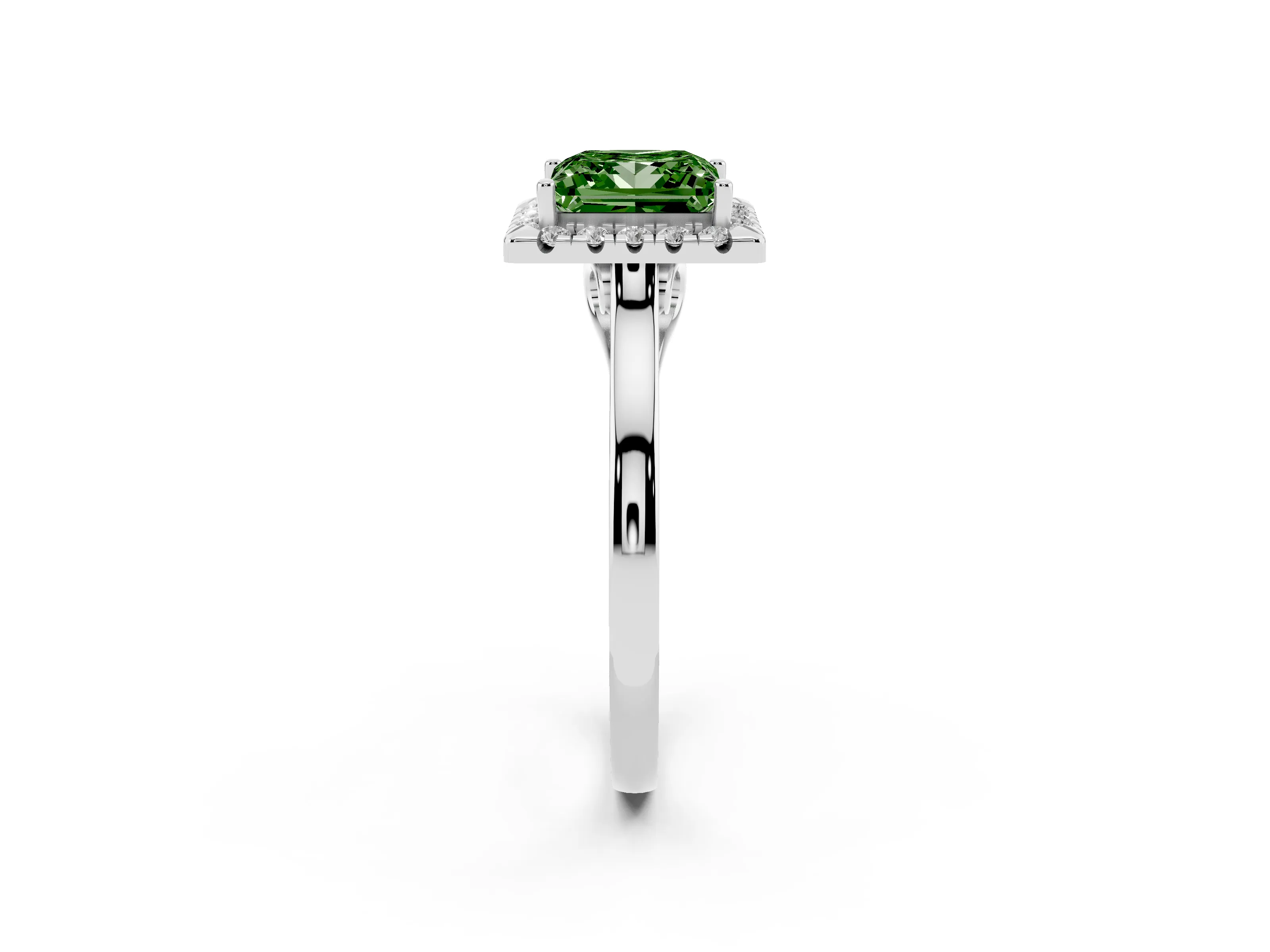 Fancy Green Princess Cut Halo Round Diamond Solitaire Ring Set in White gold with Pavé Band and Prong Setting