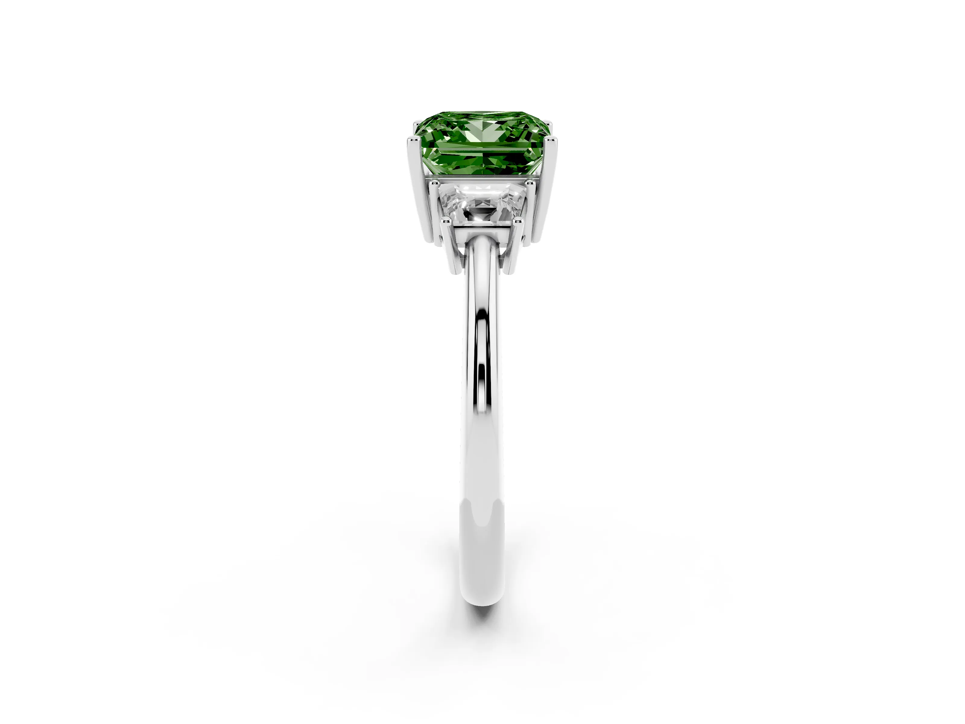 Fancy Green Princess Cut Diamond Three-Stone Ring Set in Silver with Trapezoid Side Stones and Prong Setting
