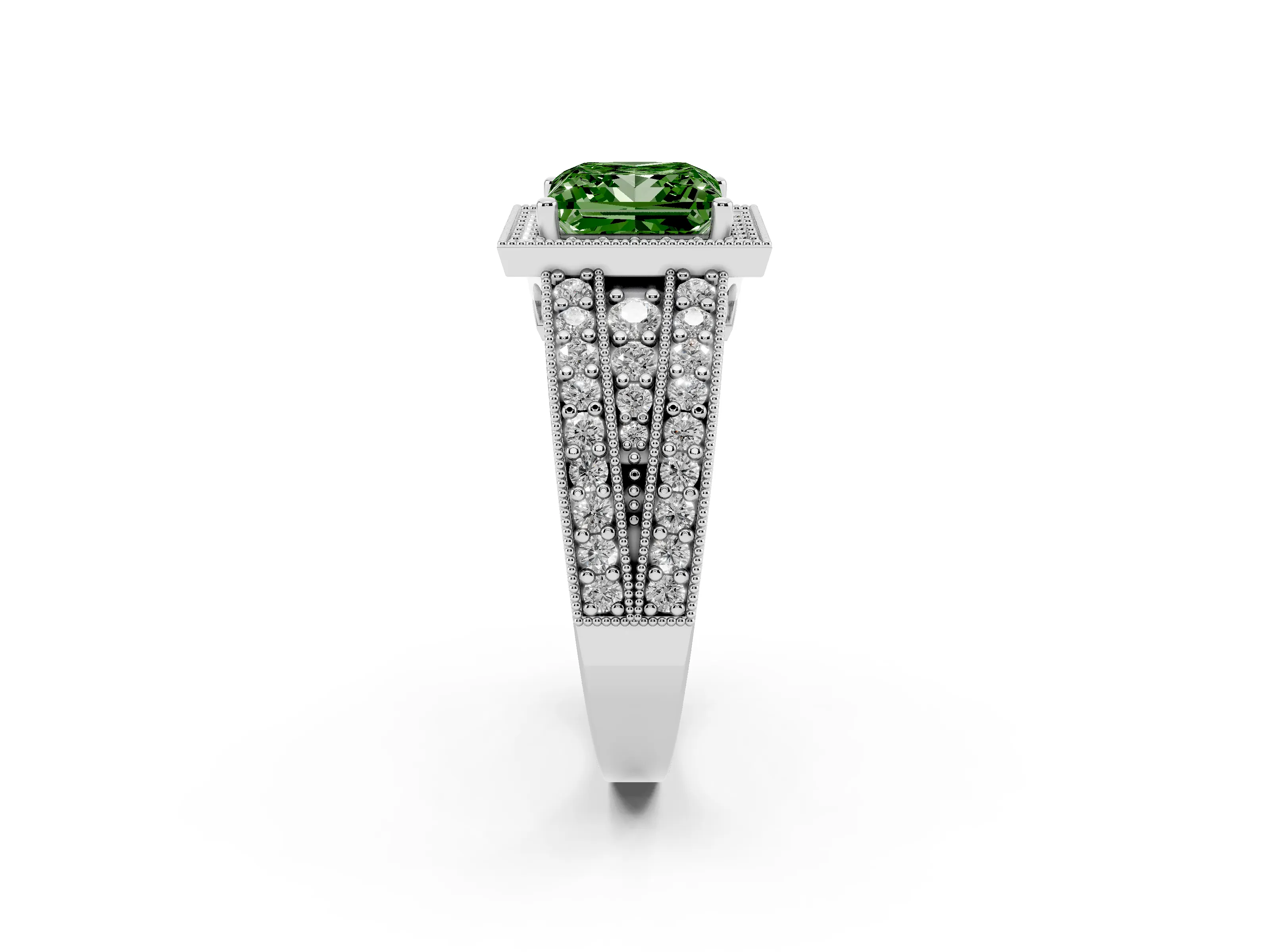 Fancy Green Princess Cut Diamond Halo Ring Set in White gold with Accent Split Shank and Prong Setting