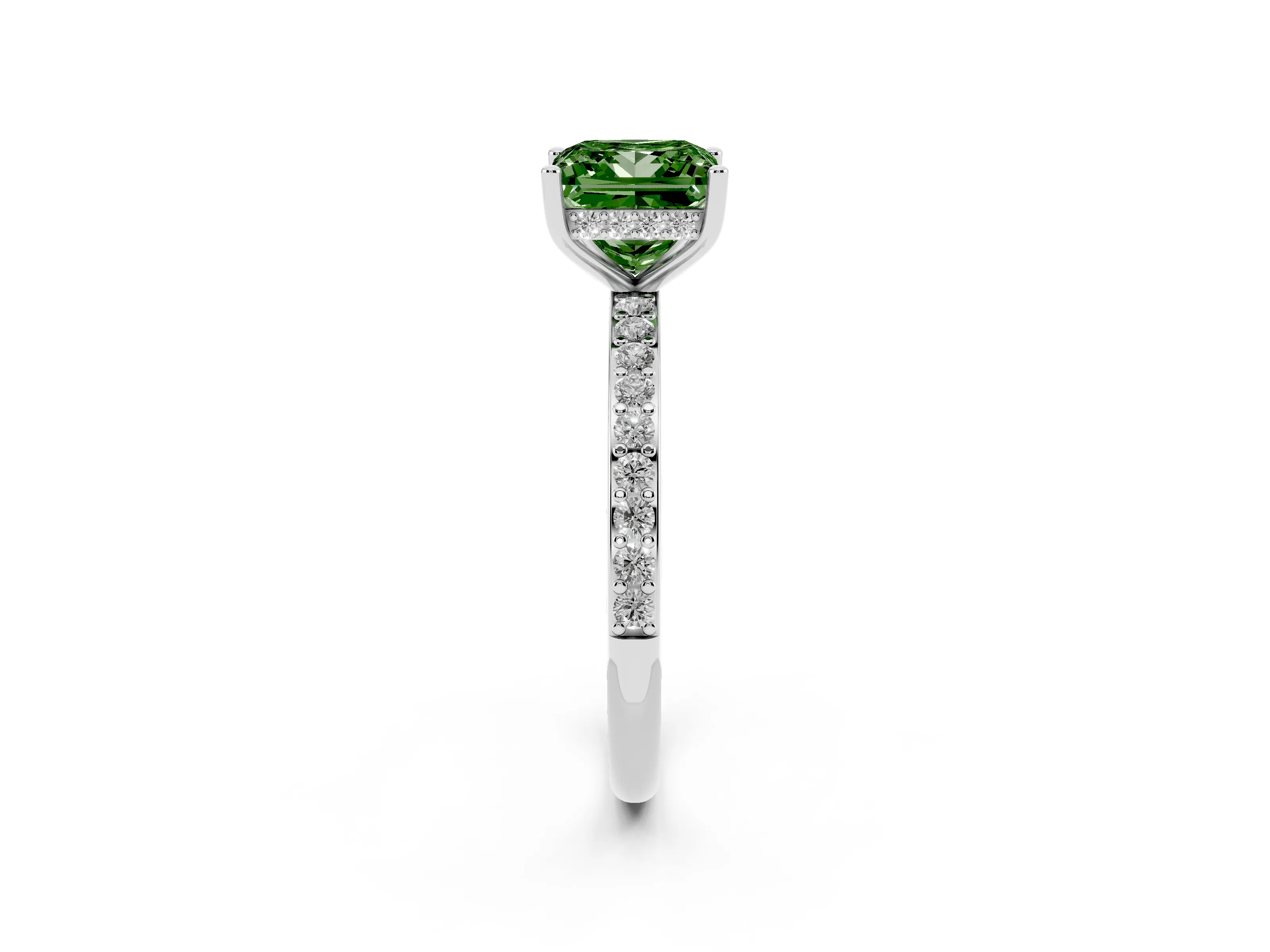 Fancy Green Princess Cut Diamond Pavé Band Ring Set in White gold with Prong-Set Center Stone