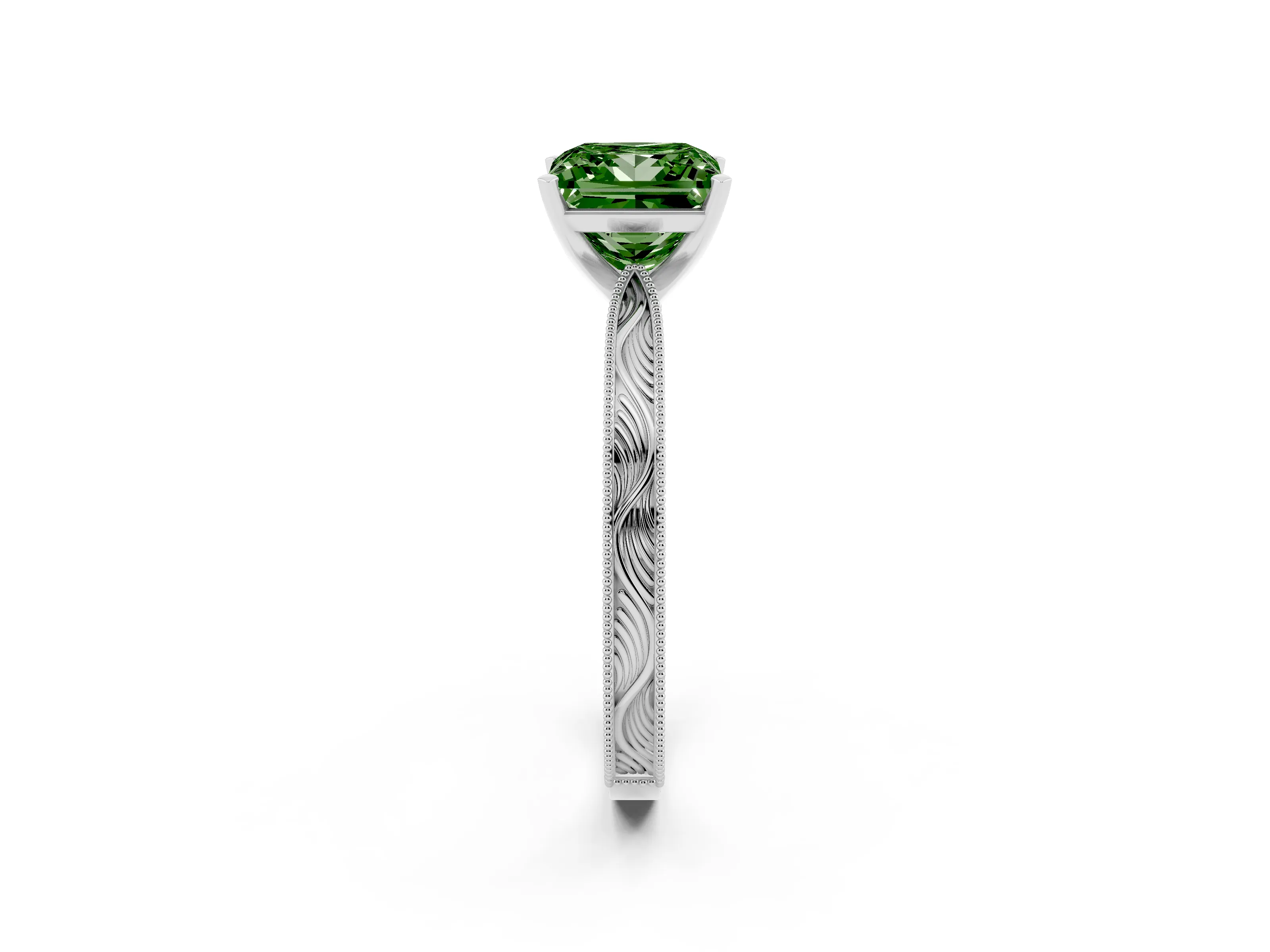 Fancy Green Princess Cut Diamond Solitaire Milgrain Engraved Band Set in Silver with Prong Setting
