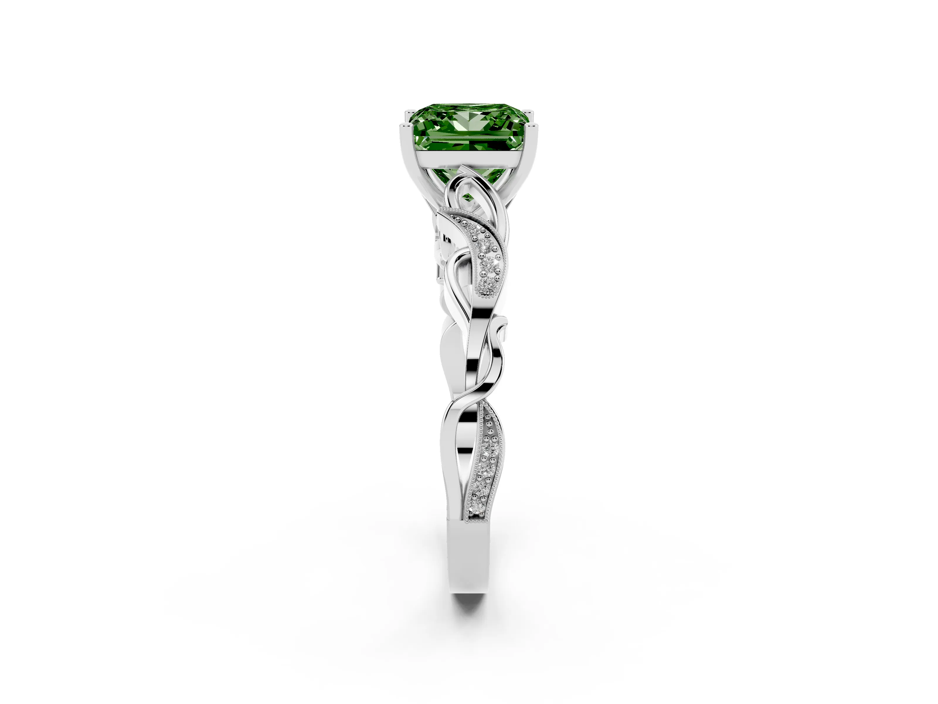 Fancy Green Princess Cut Diamond Vine Band Solitaire Ring Set in White gold with Milgrain Prong Setting