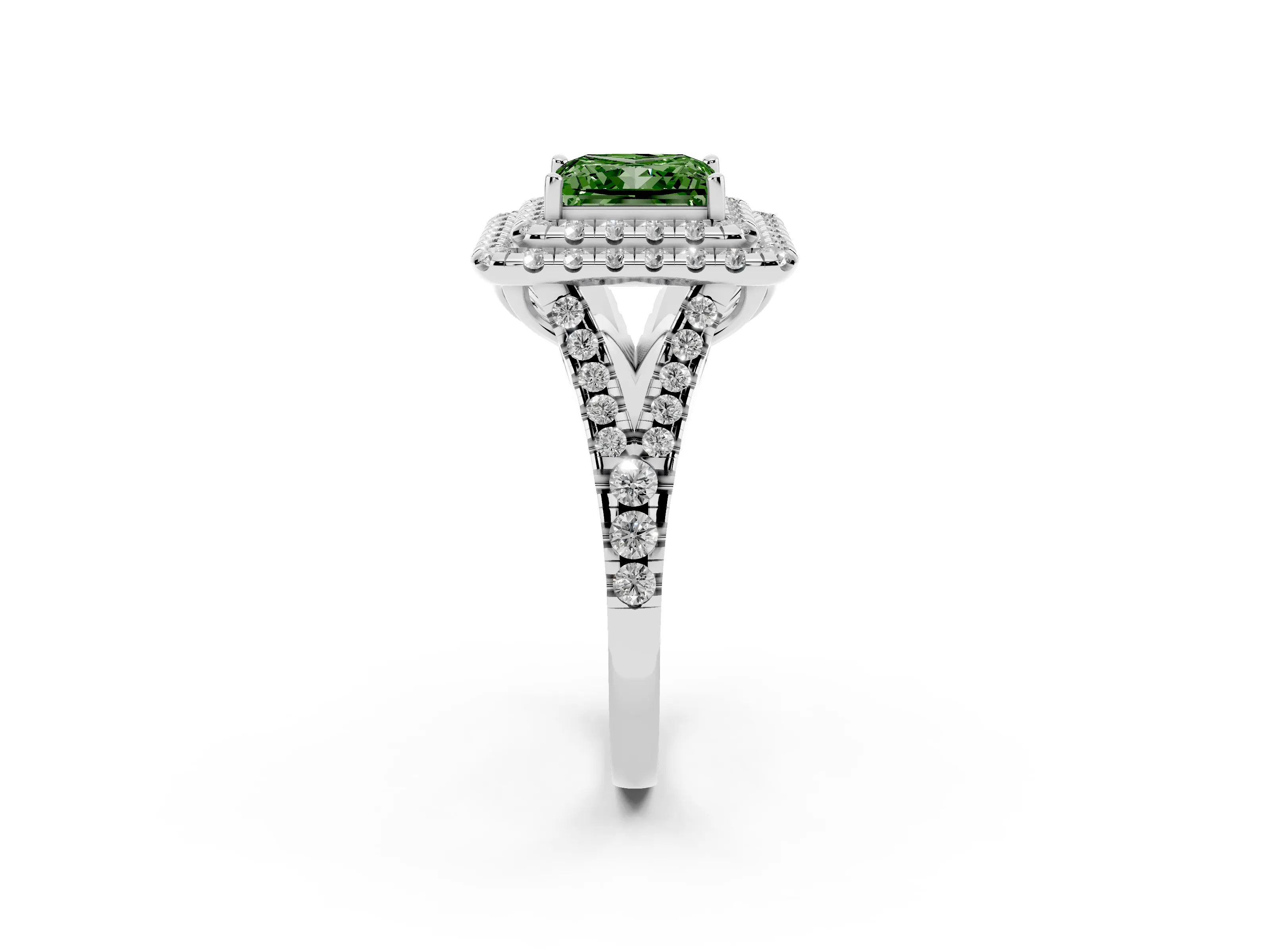 Fancy Green Princess Cut Diamond Double Halo Ring Set in White gold with Pavé Split Shank and Prong Setting