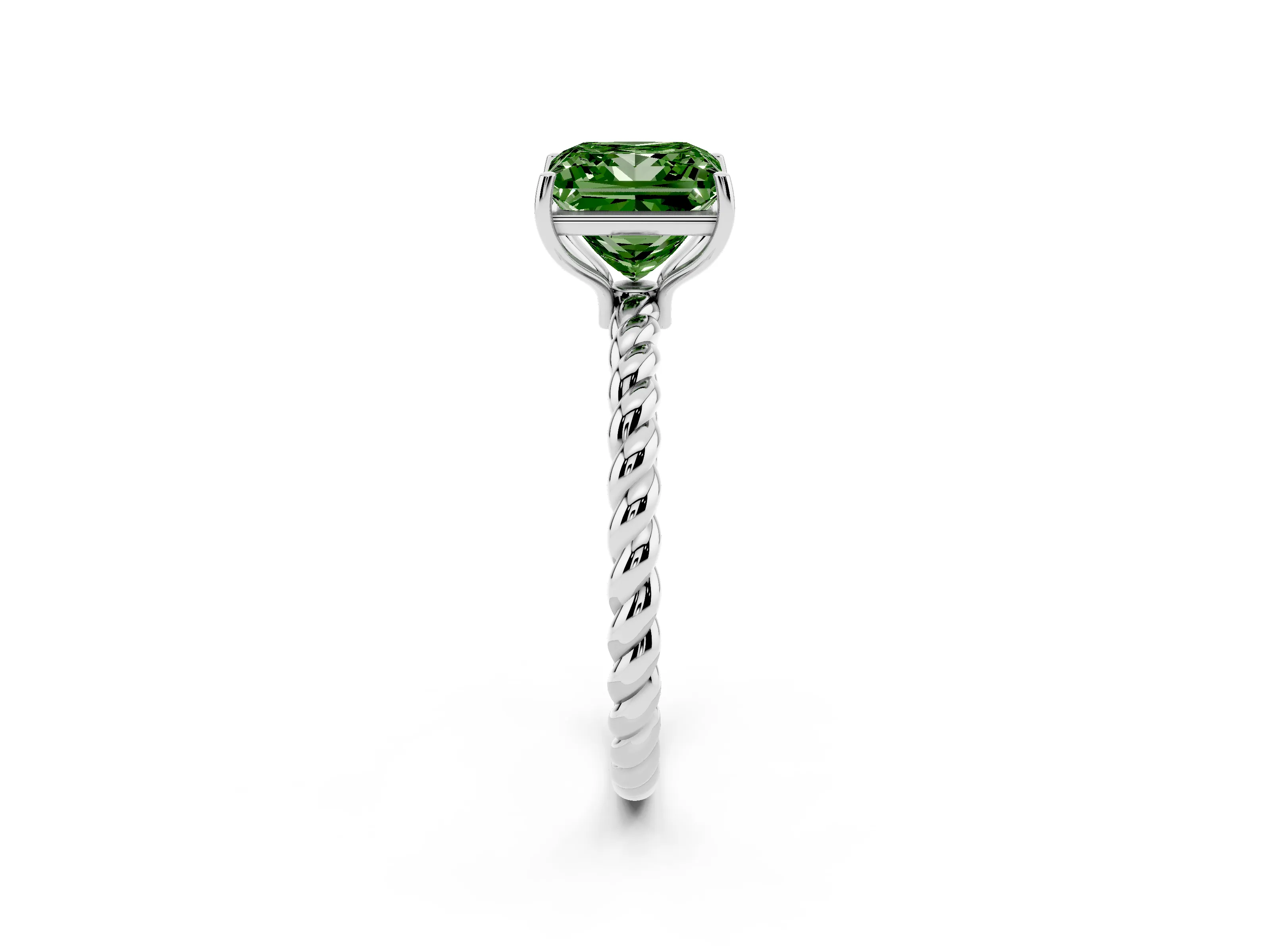 Fancy Green Princess Cut Diamond Solitaire Ring Set in White gold with Twist Band and Prong Setting