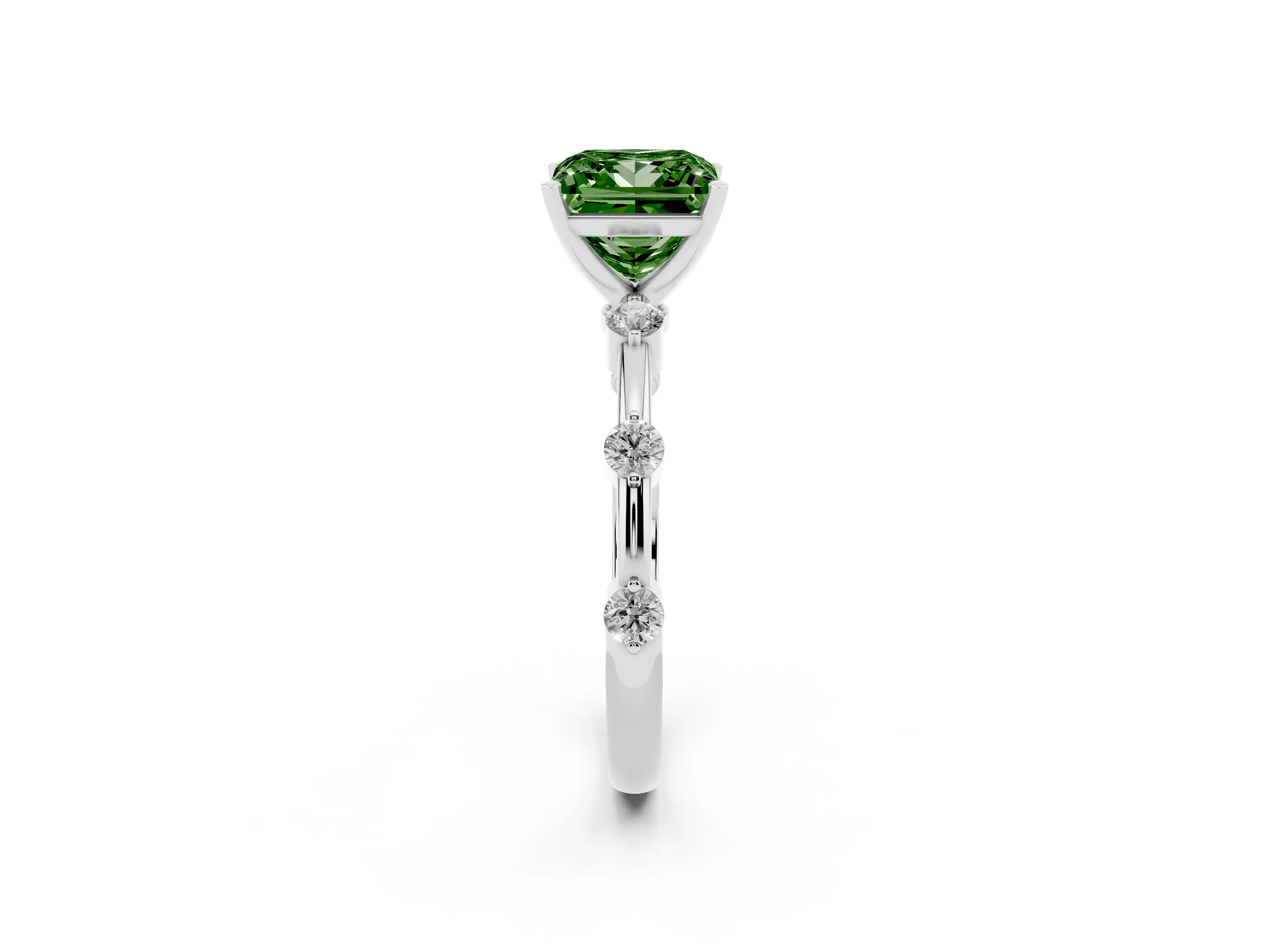 Fancy Green Princess Cut Diamond Solitaire Ring Set in Platinum with Bezel Set Side Stones and Prong Setting