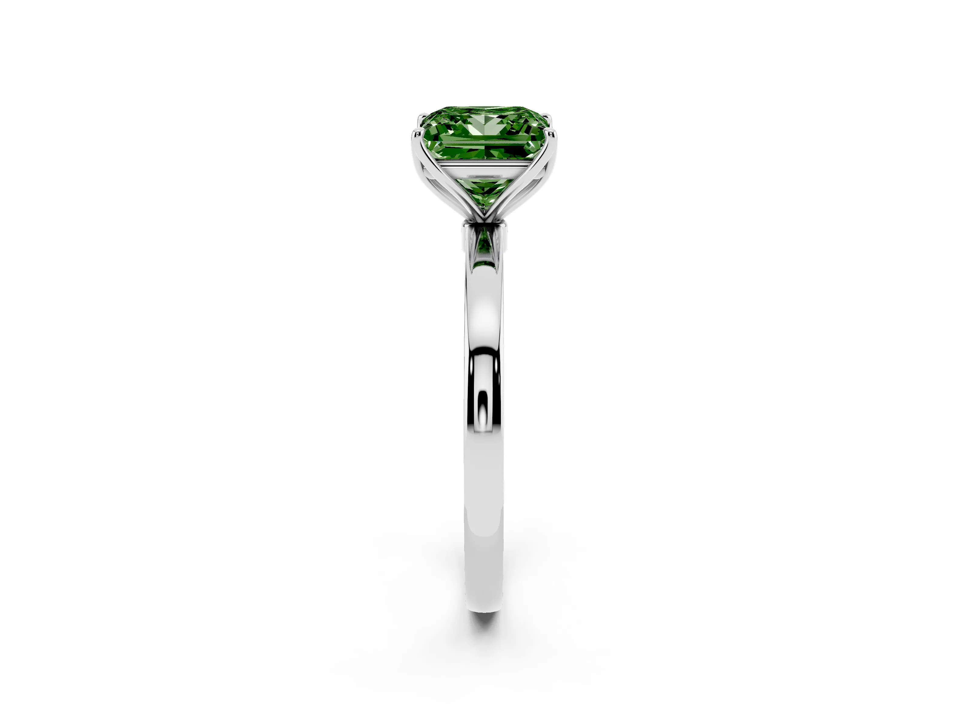 Fancy Green Princess Cut Diamond Solitaire Ring Set in White gold with Prong Setting and Thin Polished Band