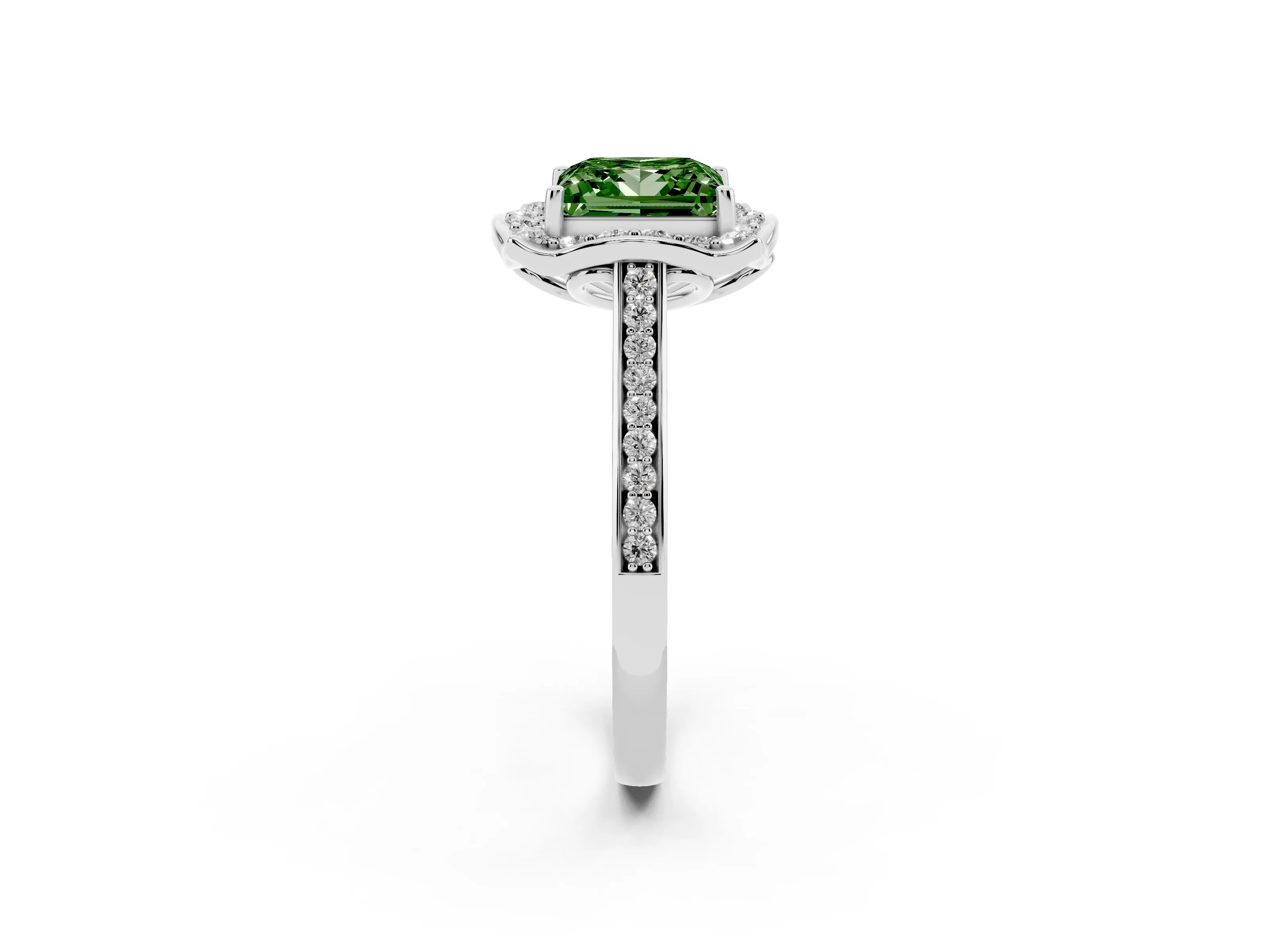 Fancy Green Princess Cut Diamond Halo Ring Set in White gold with Pavé-Lined Shoulders and Prong Setting