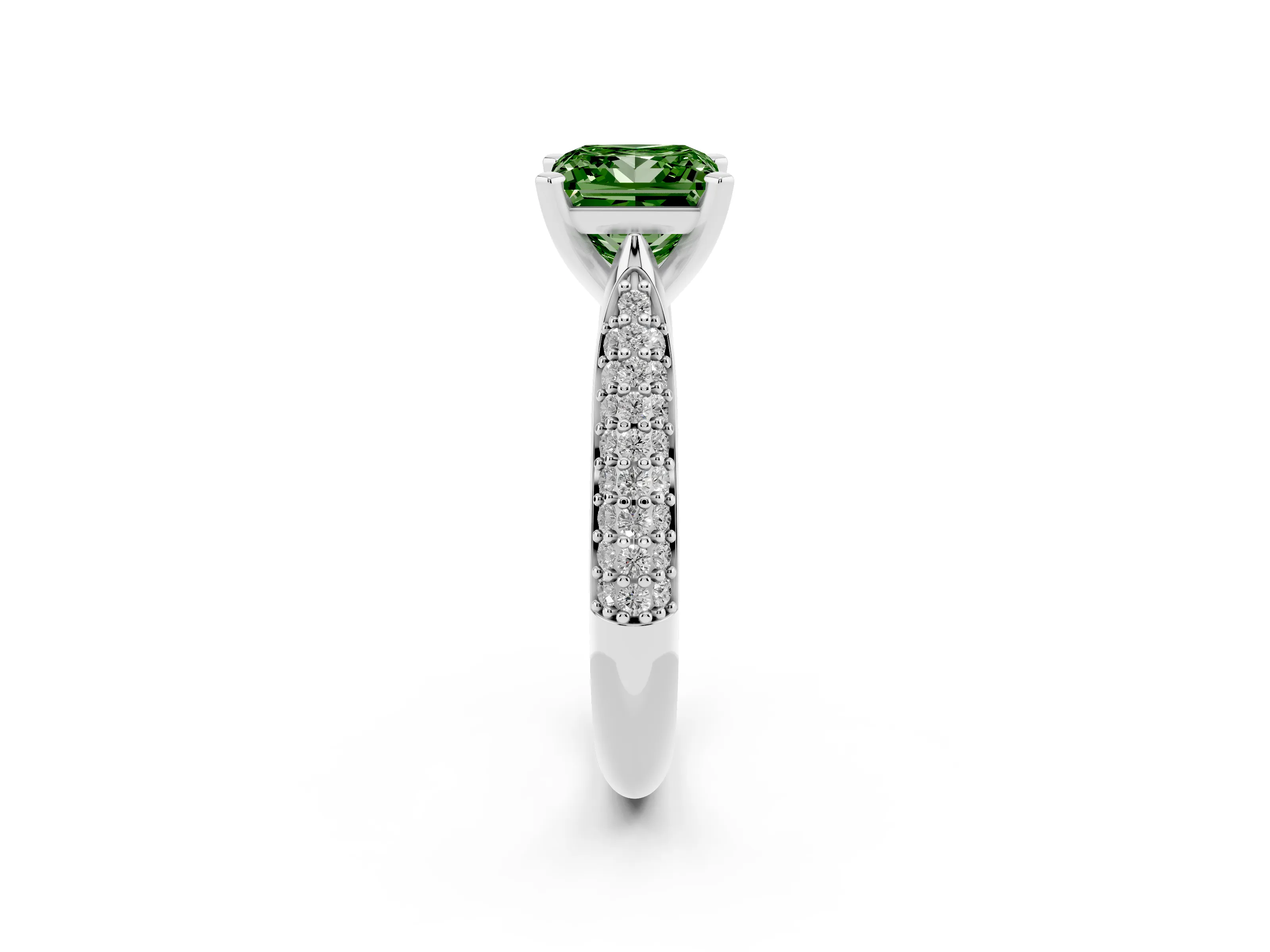 Fancy Green Princess Cut Diamond Solitaire Engagement Ring Set in Platinum with Multi-Row Round Pavé Band and Prong Setting