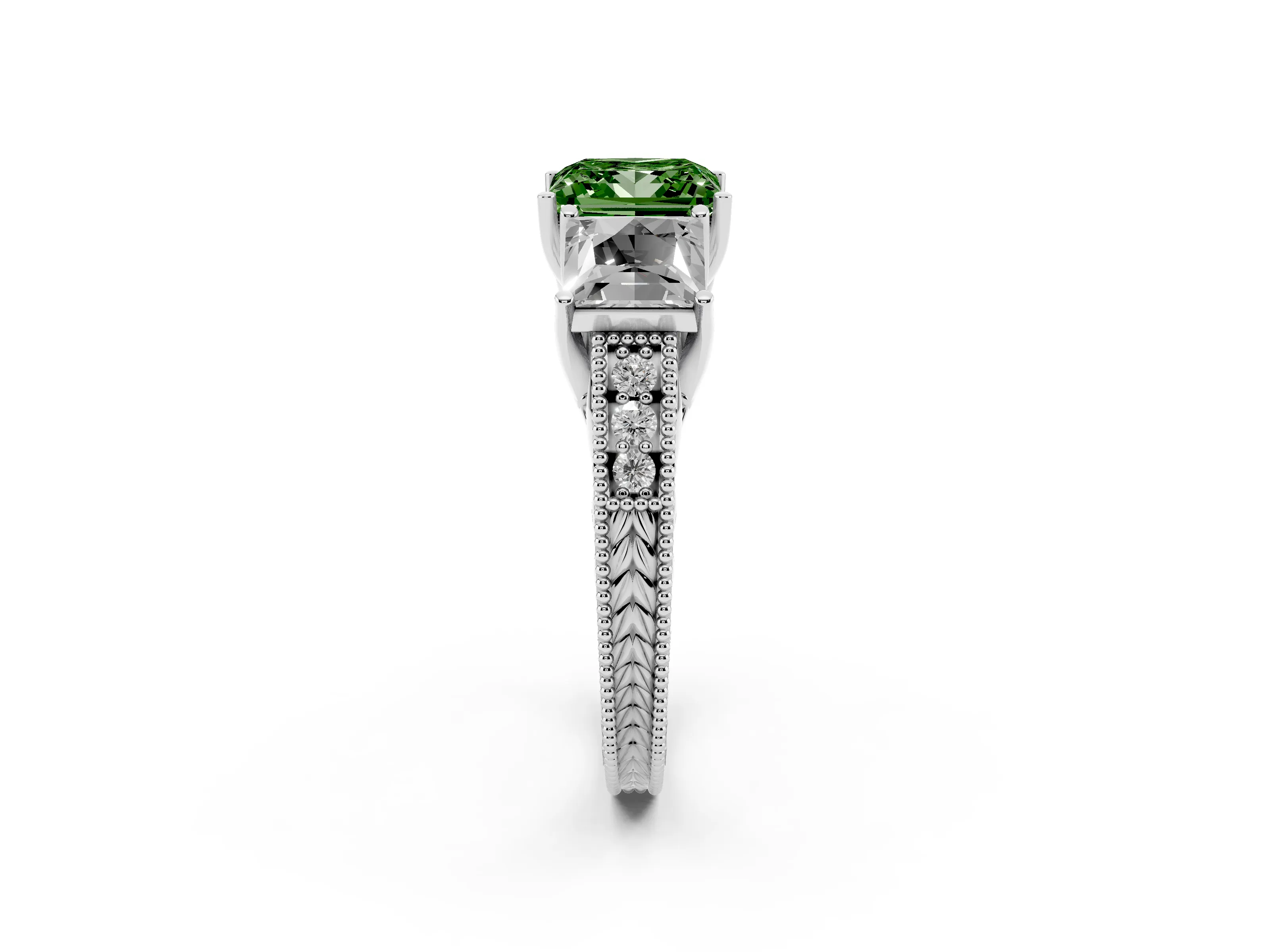 Fancy Green Princess Cut Diamond Three-Stone Engagement Ring Set in White gold with Milgrain Pavé Band