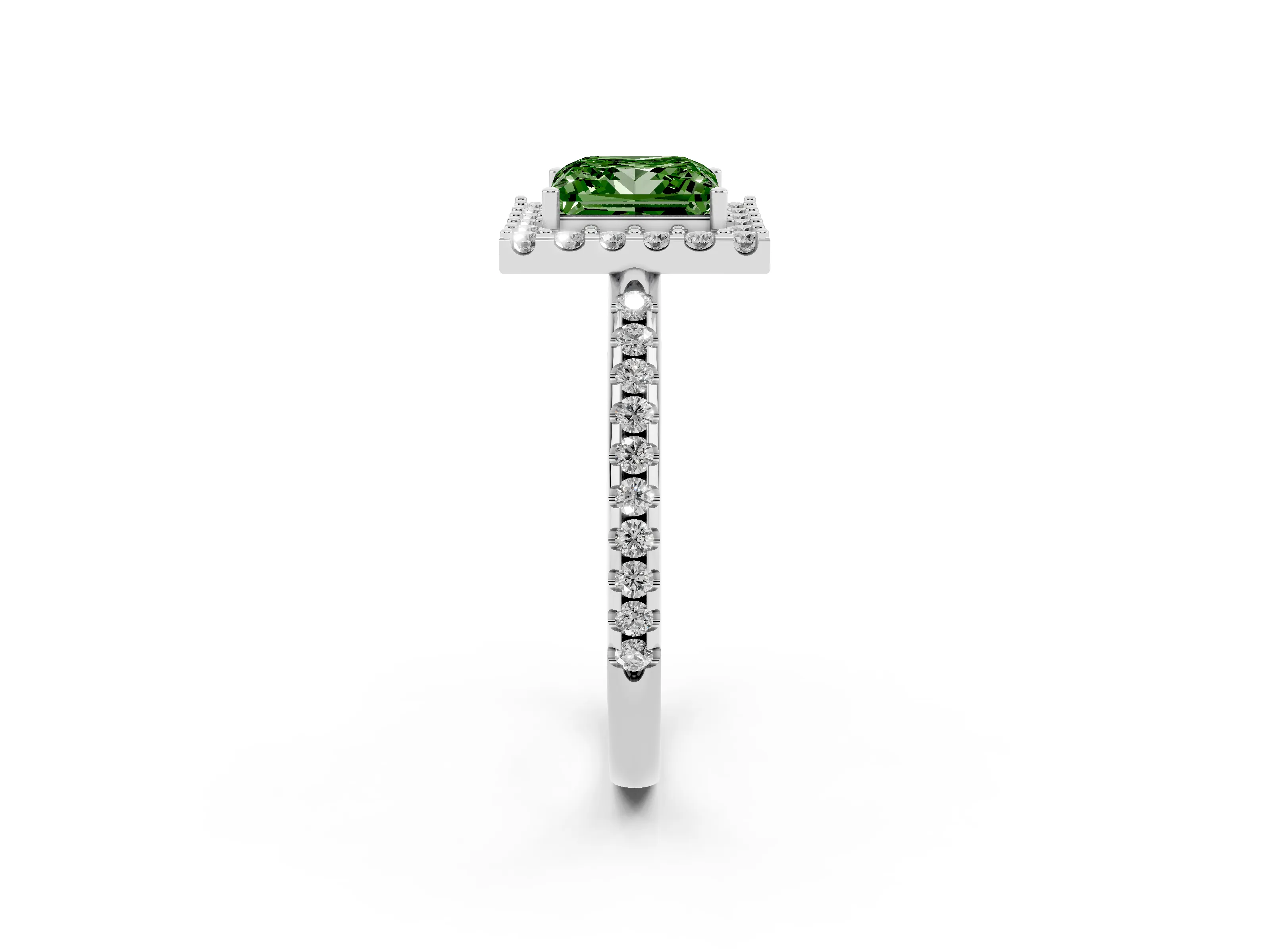 Fancy Green Princess Cut Diamond Pavé Halo Ring Set in Silver with Prong Setting